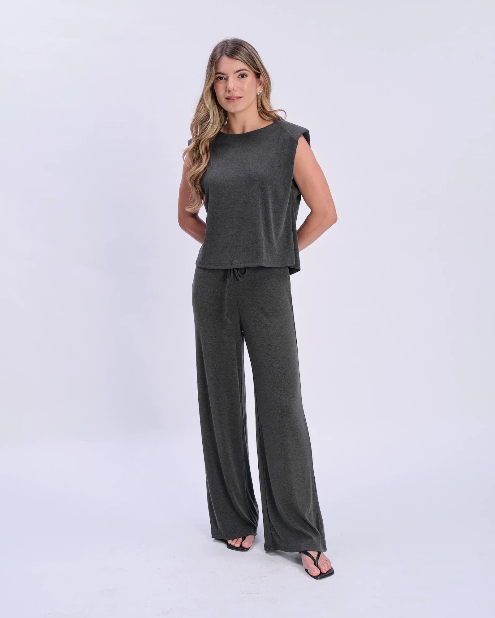 Calça Pantalona Cós Amarração Malha - Cinza — imagem 1