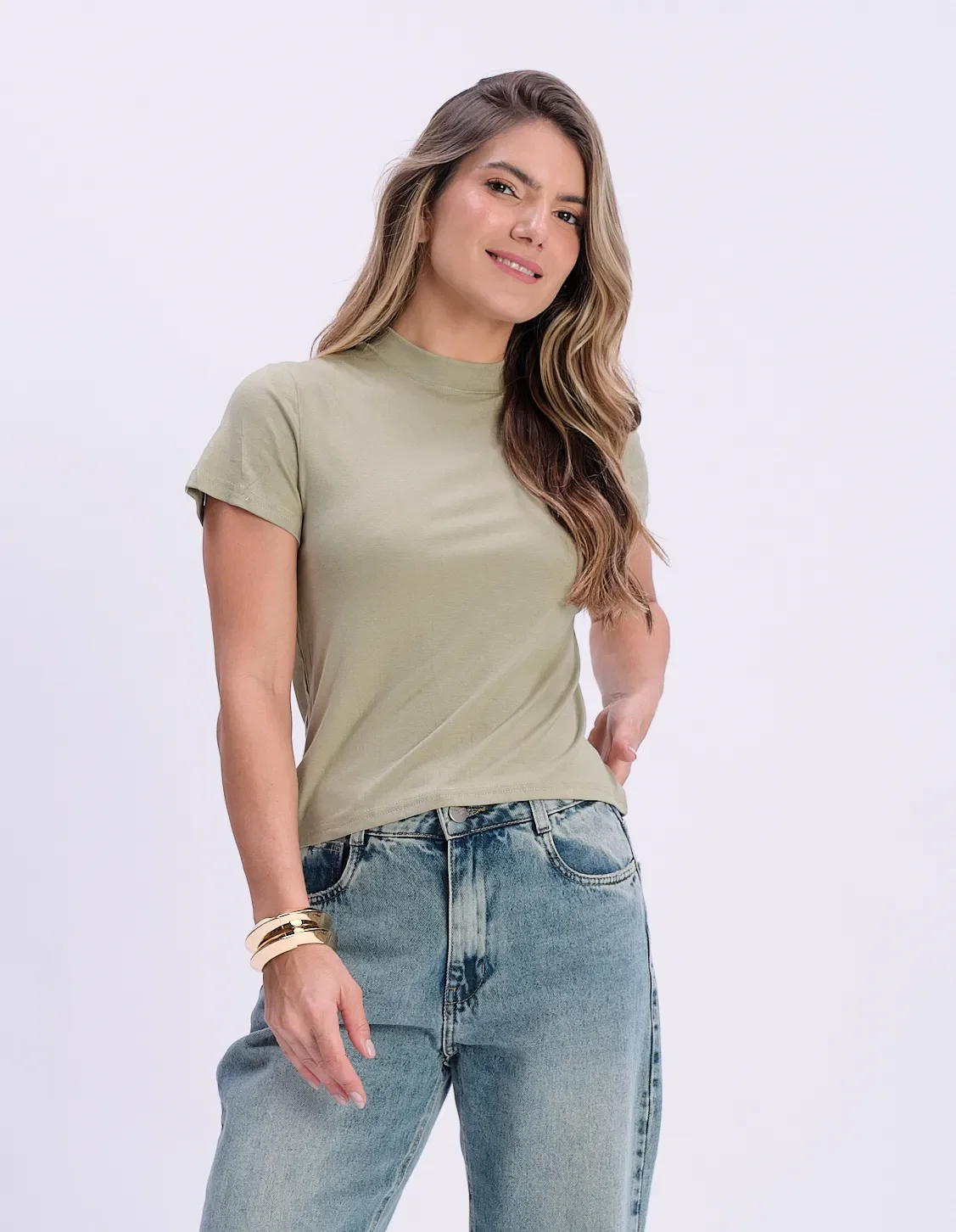 Blusa Básica Manga Curta Gola Alta - Verde — imagem 1