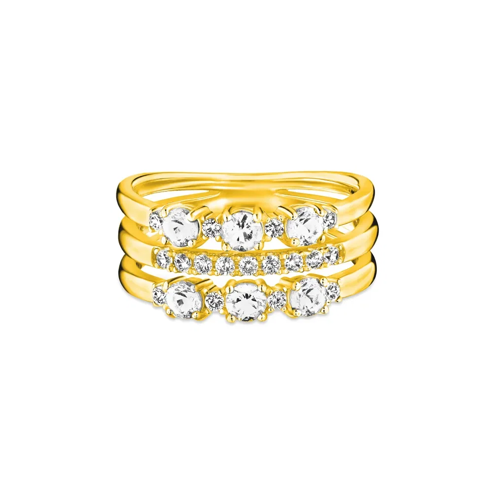 Anel Life Ocean Triplo em Prata 925 com Banho de Ouro Amarelo 18k e Pedras Incolores