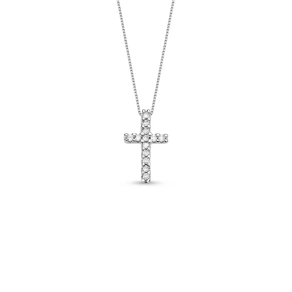 Pingente Cruz Stick em Ouro Branco 18k com Diamantes, 11mm