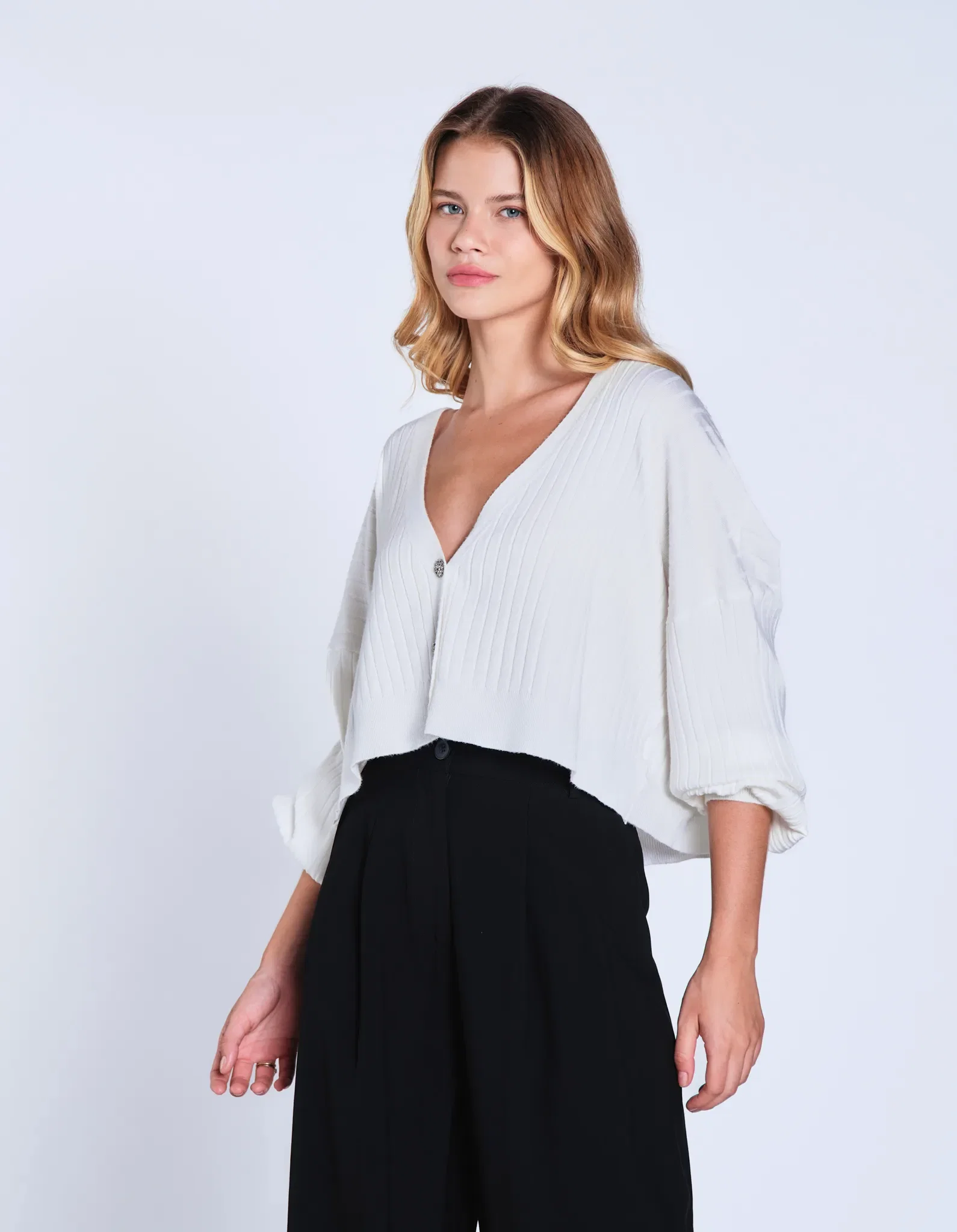 Cardigan Canelado Manga Ampla - Branco — imagem 1