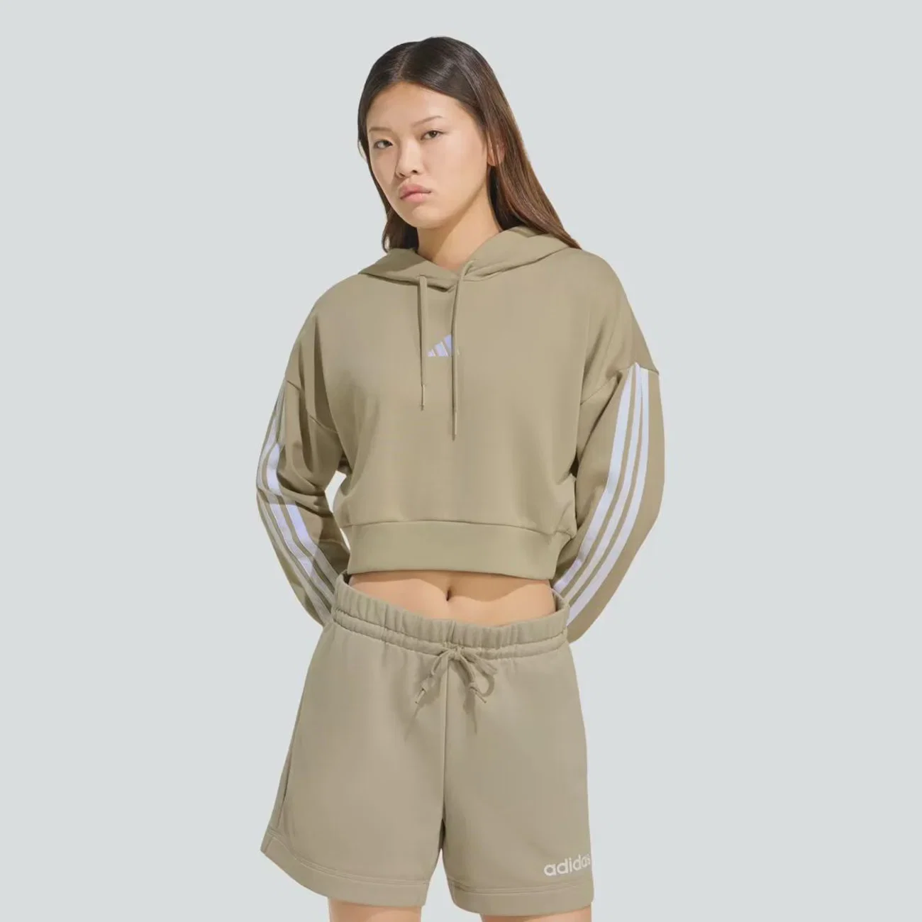 Blusão Moletom Feminino 3 Stripes Cropped com Capuz Adidas — imagem 1