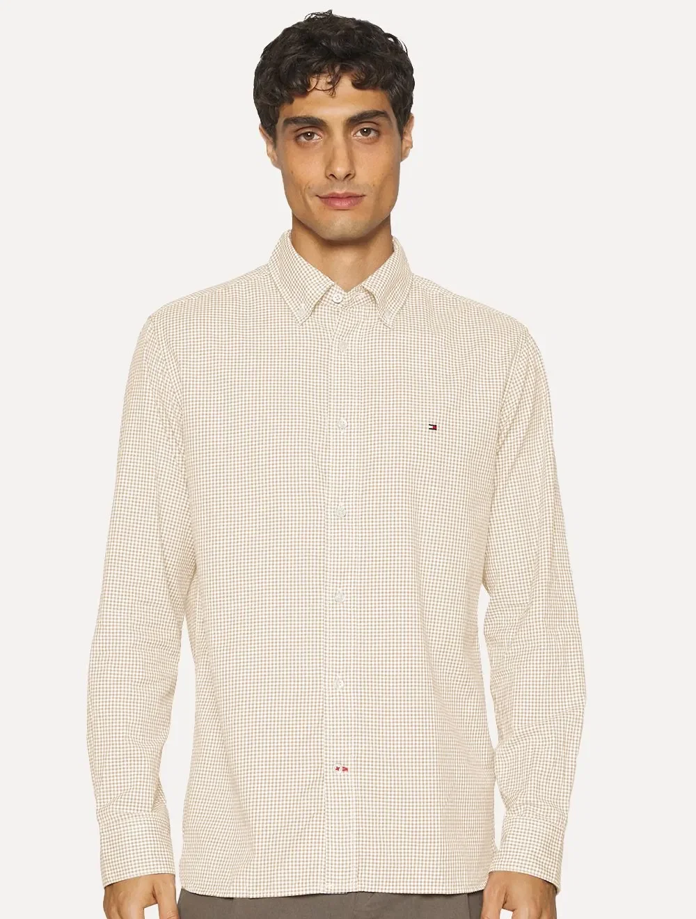 Camisa Tommy Hilfiger Masculina Xadrez Gingham Branca / Cáqui Claro — imagem 1