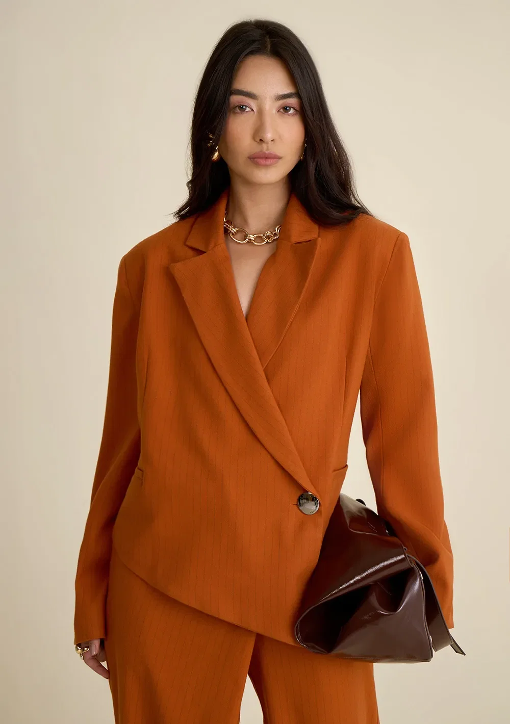 Blazer Morena Rosa Solto Manga Longa Padrão Laranja