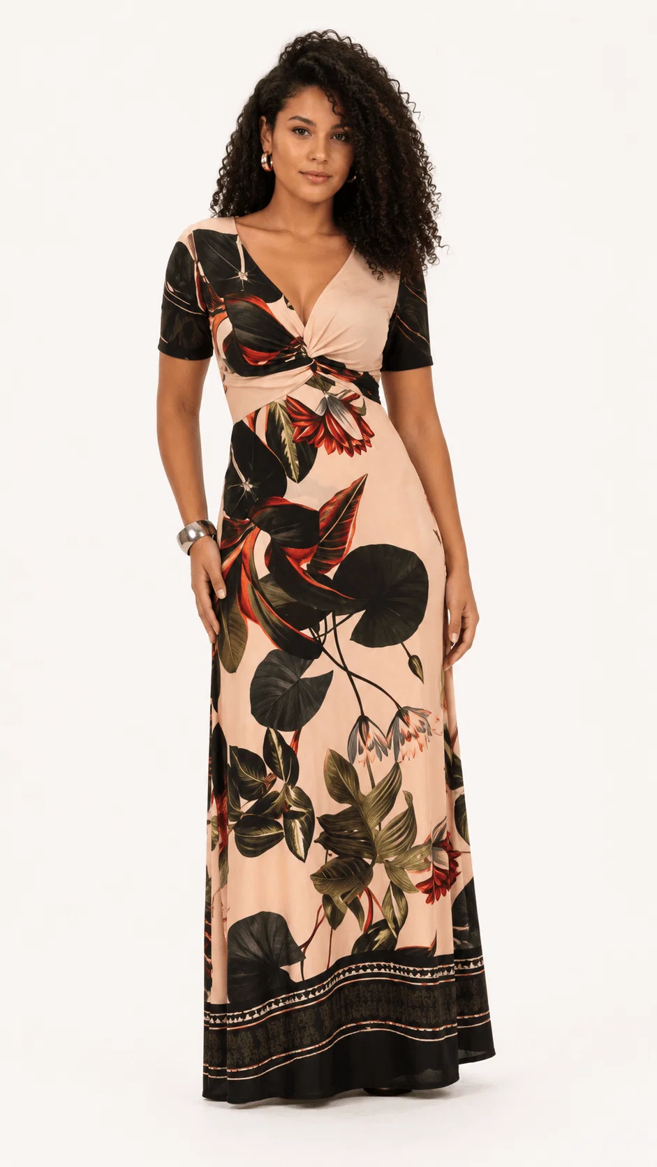 Vestido Longo Estamp Floral Botanico New - Areia