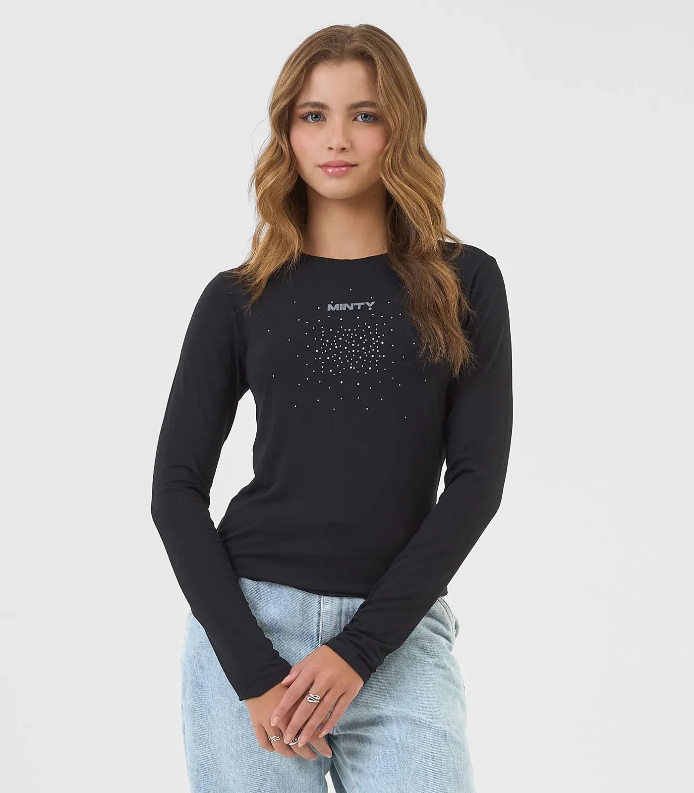 Blusa Juvenil Com Strass Manga Longa Minty Preto
