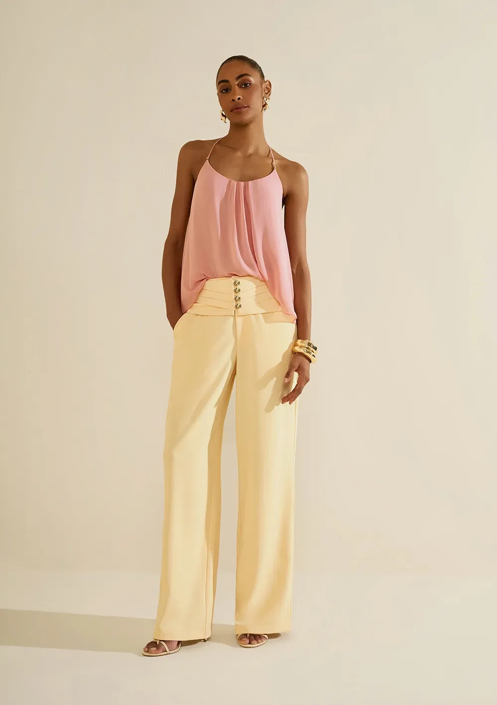 Calça Morena Rosa Pantalona Alta Amarelo