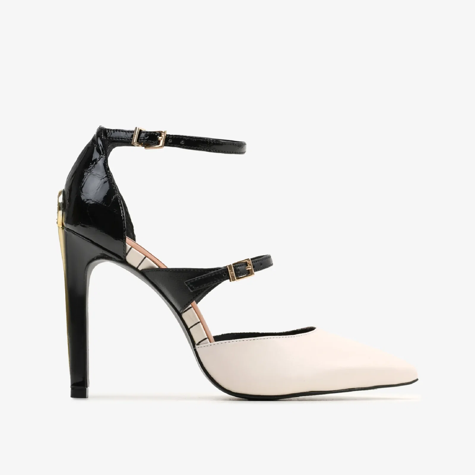Scarpin Listrado Preto Algodão Couro