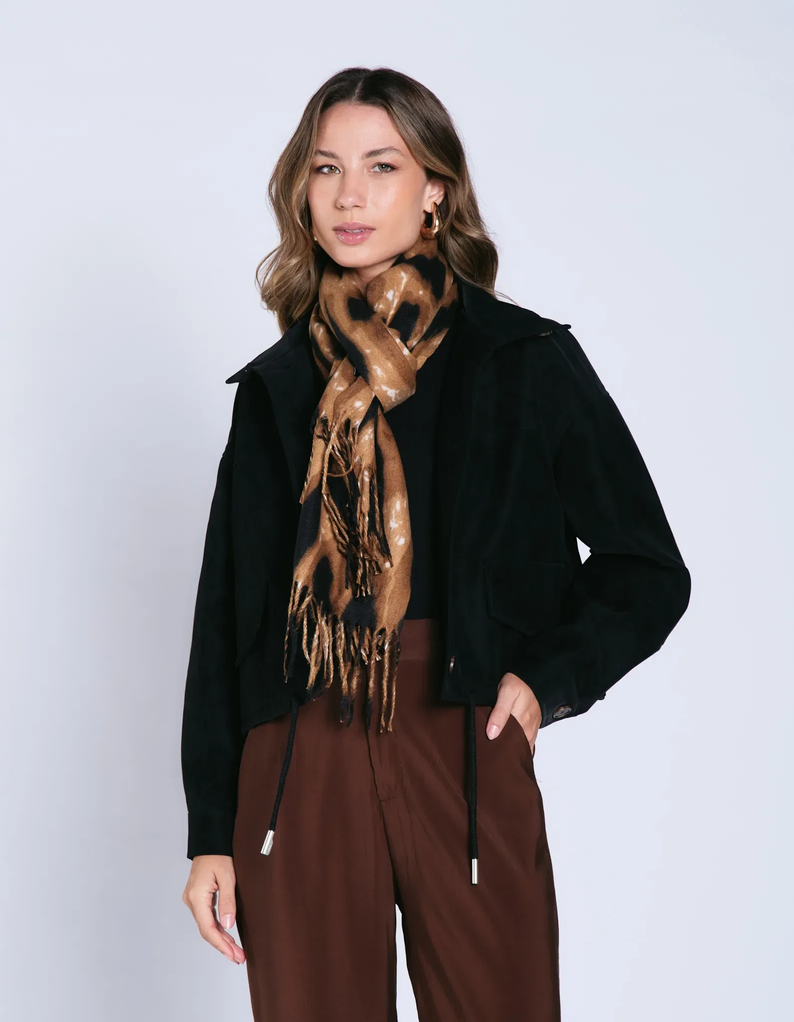 Lenço Animal Print Franja - Marrom — imagem 1