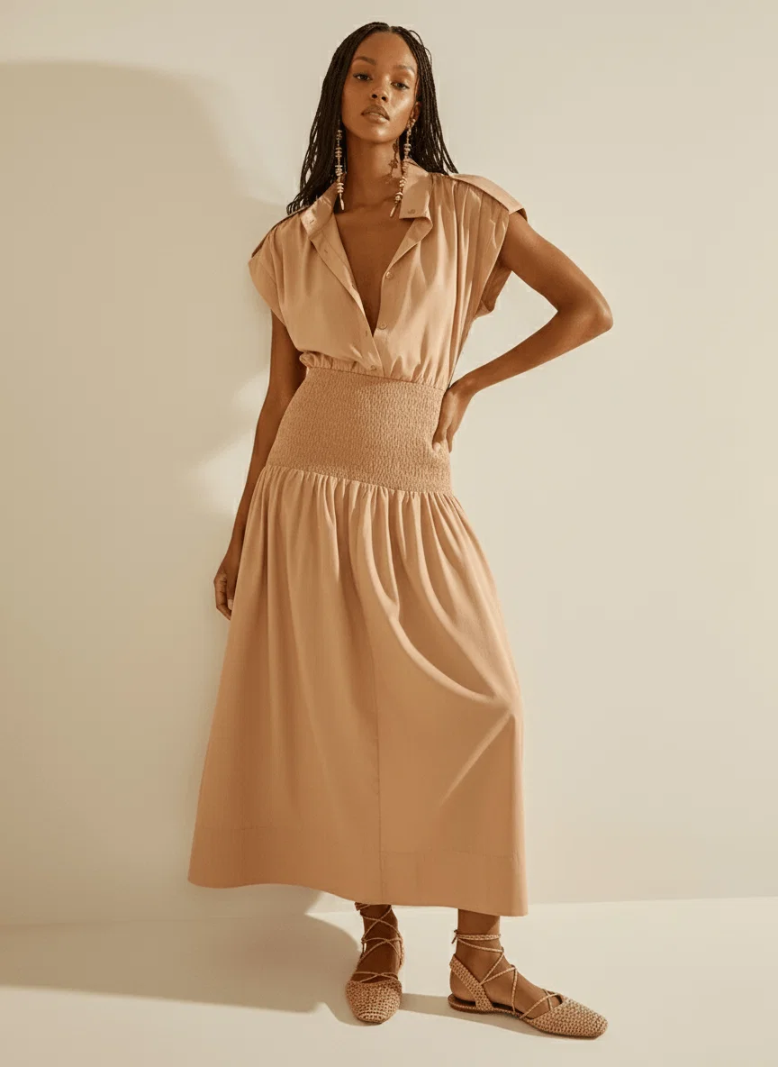 Vestido Morena Rosa Solto Gola Clássica Sem Manga Midi Caramelo