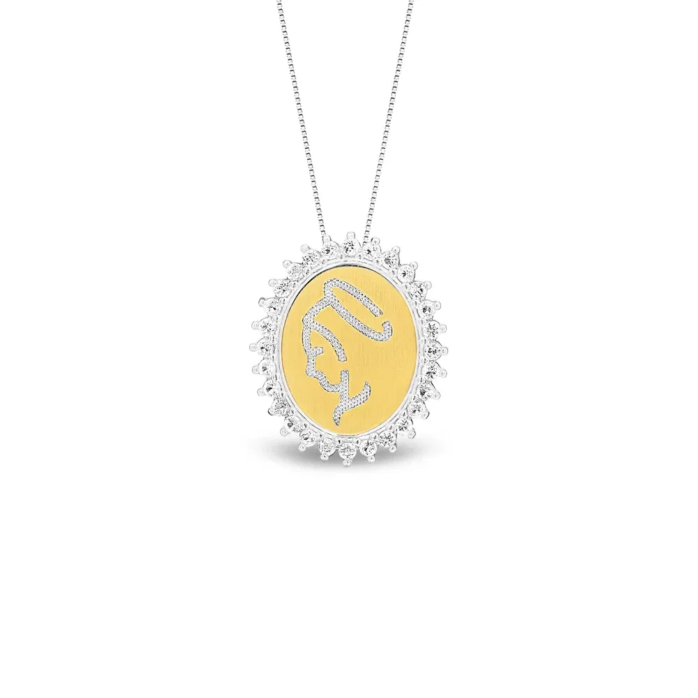 Pingente Religioso Maria em Prata 925 e Ouro Amarelo 18k com Topázios Incolores, 20mm