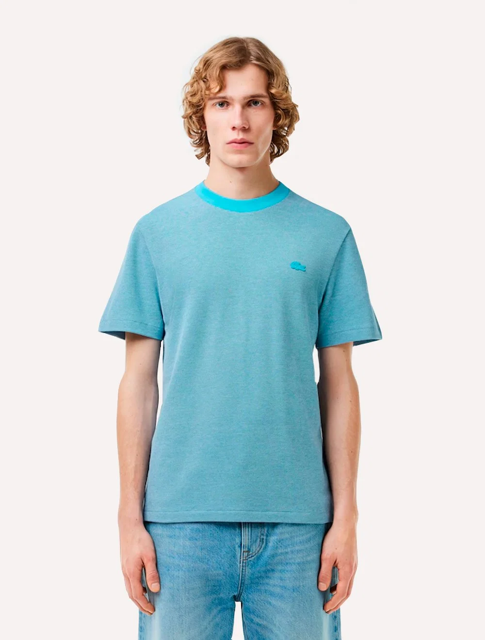 Camiseta Lacoste Masculina Caviar Texture Contrast Neck Azul Mescla