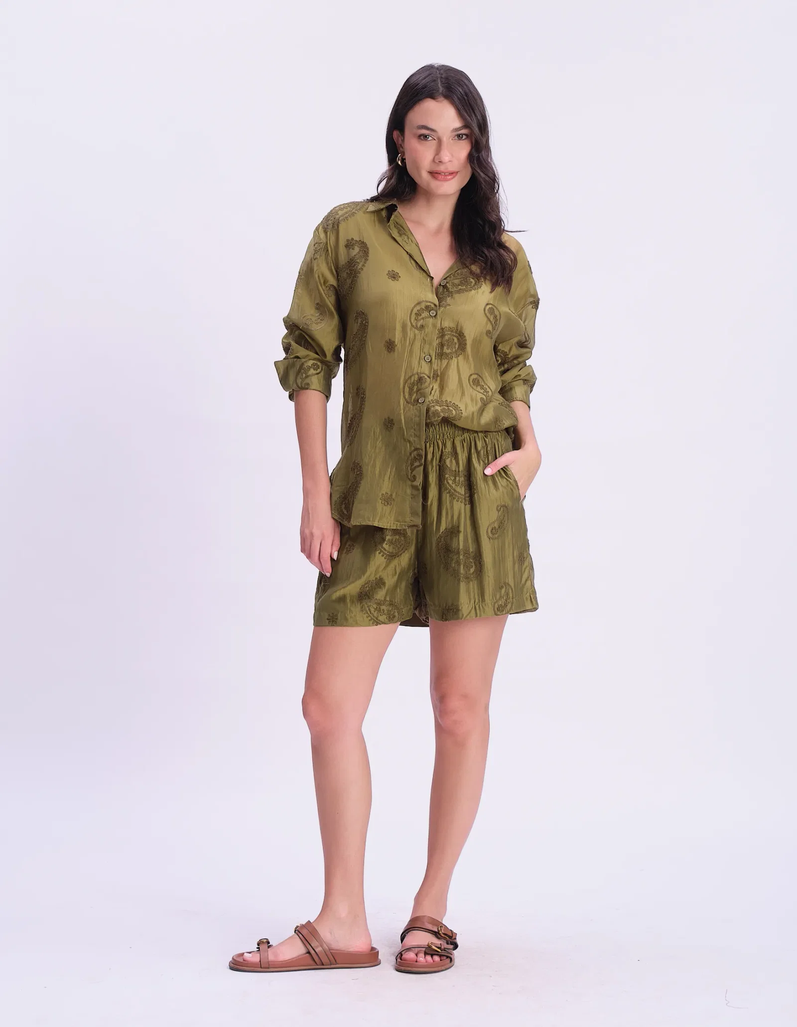 Short Cós Elástico Liocel Paisley - Verde — imagem 1