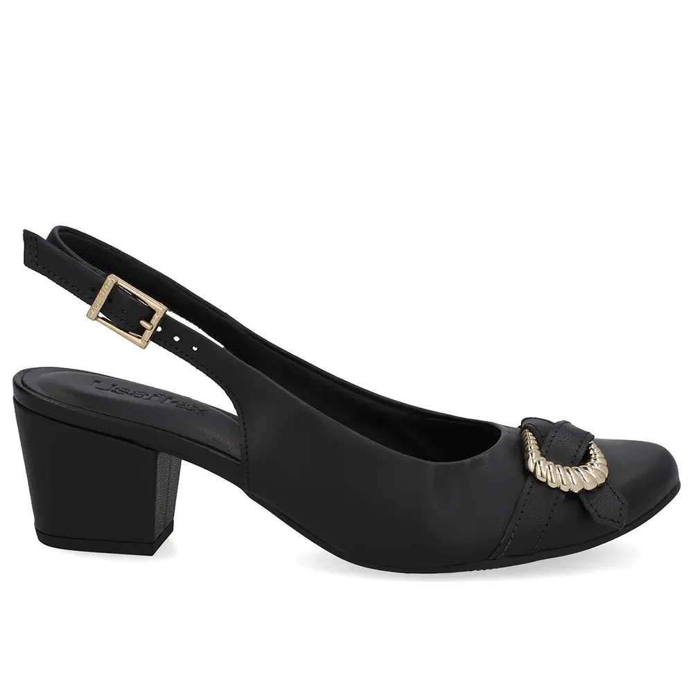Slingback Couro Preto Salto Bloco Enfeite