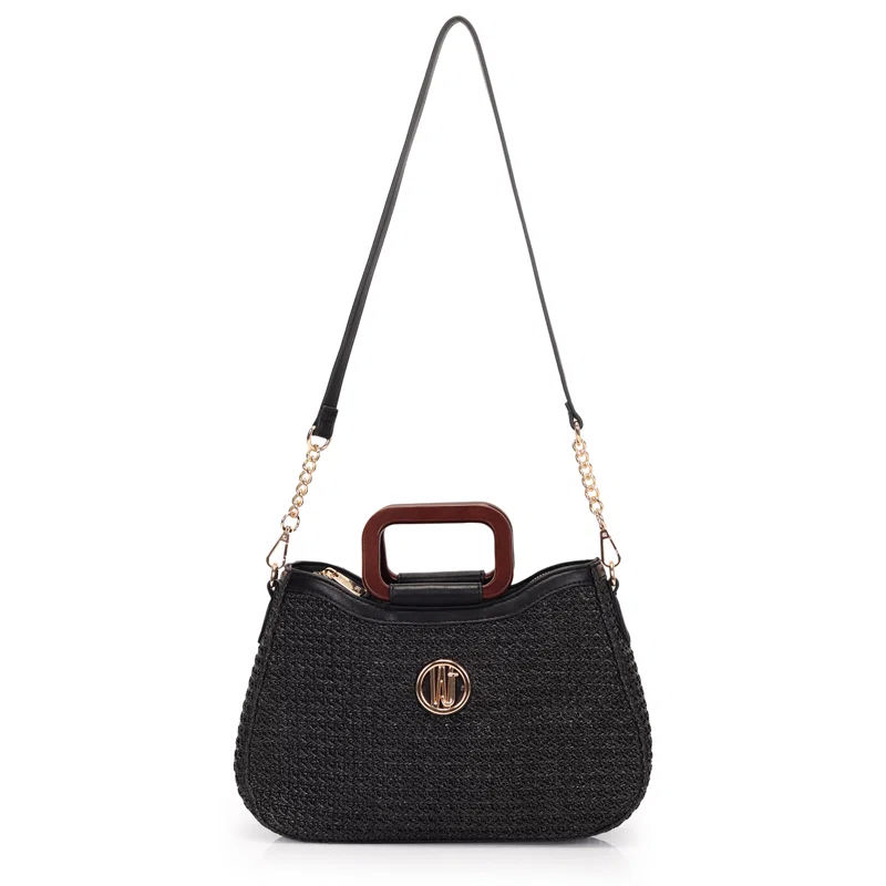 Bolsa Satchel Grande Palha Estruturada Com Alça De Madeira