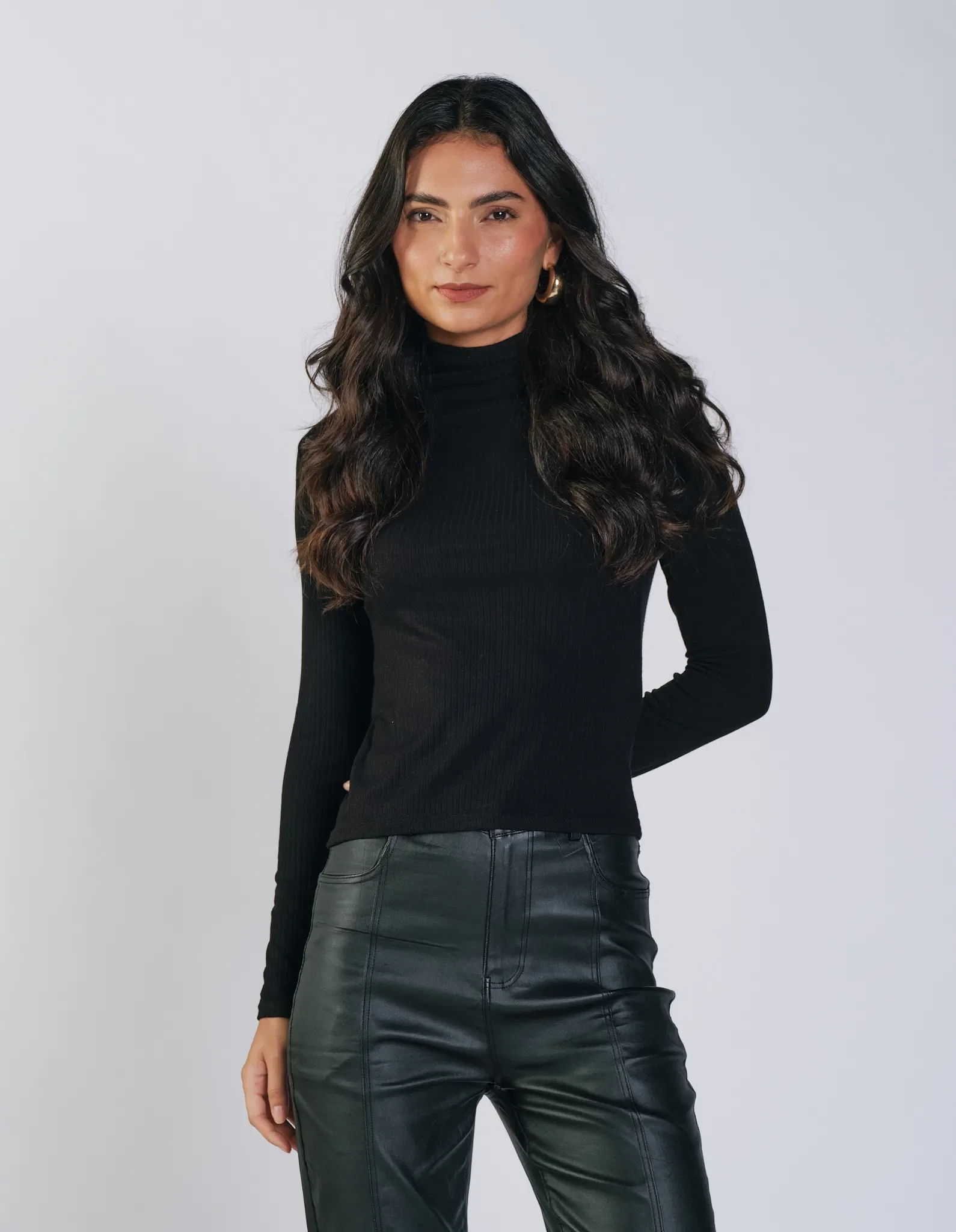 Blusa Manga Longa Gola Alta Lisa - Preto — imagem 1