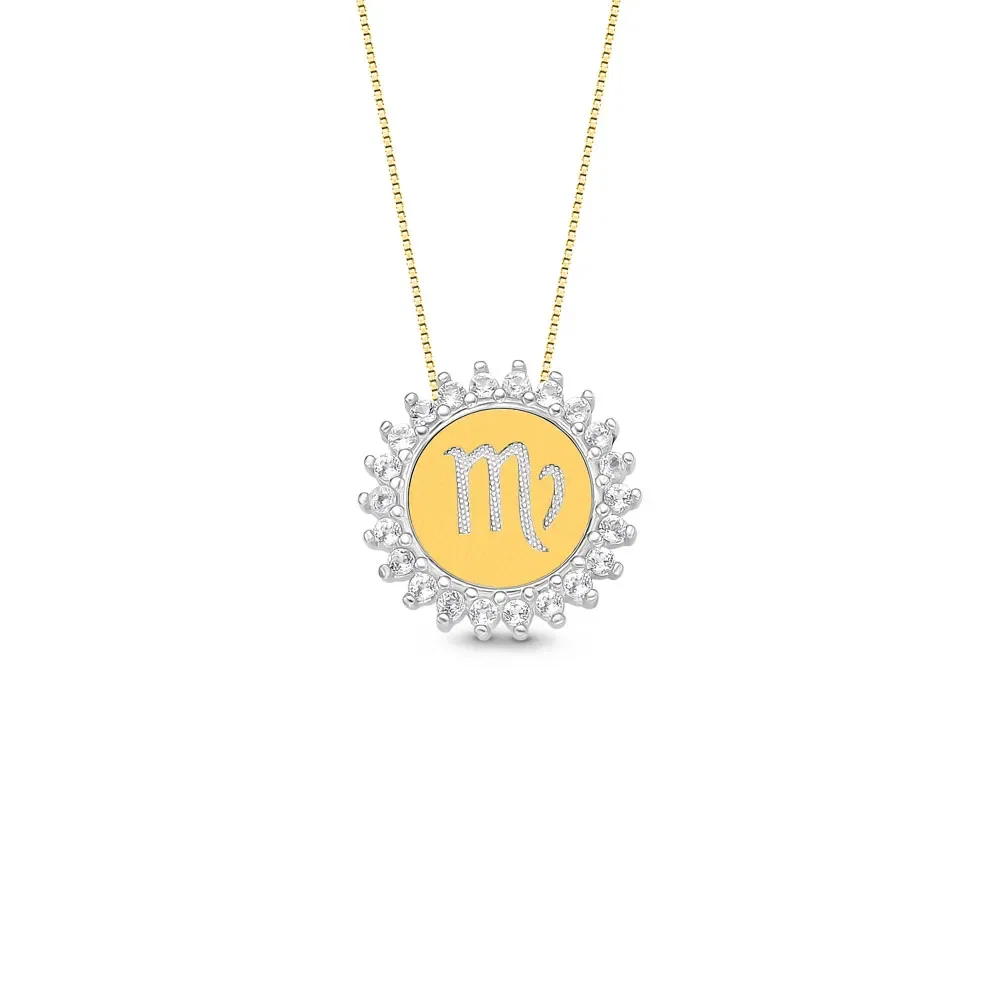 Pingente Medalha Signo Virgem em Prata 925 e Ouro Amarelo 18k com Topázios Incolores, 15.4mm — imagem 1