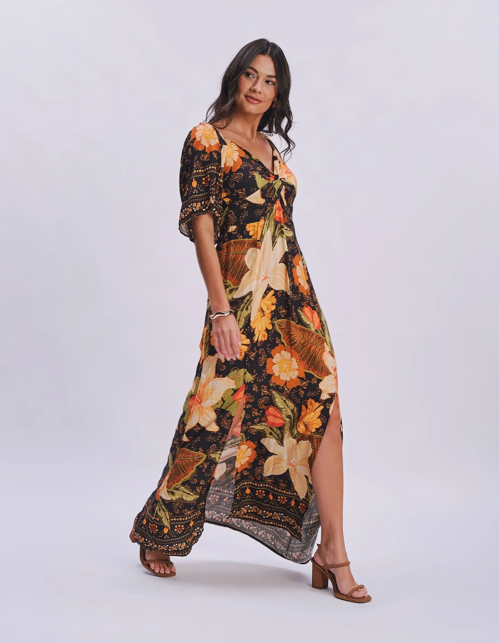Vestido Longo Estampado Floral Paisley - Preto — imagem 1