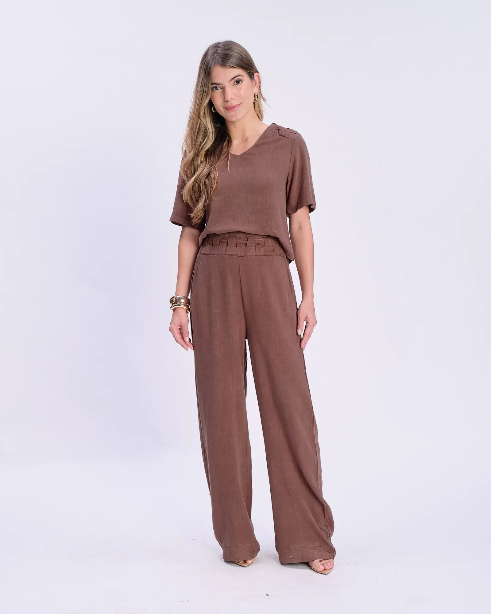 Calça Pantalona Linho Cós Tramado - Marrom — imagem 1