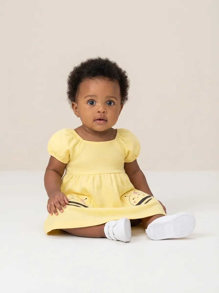 Vestido bebê feminino malha favo com bolsos de bichinhos
