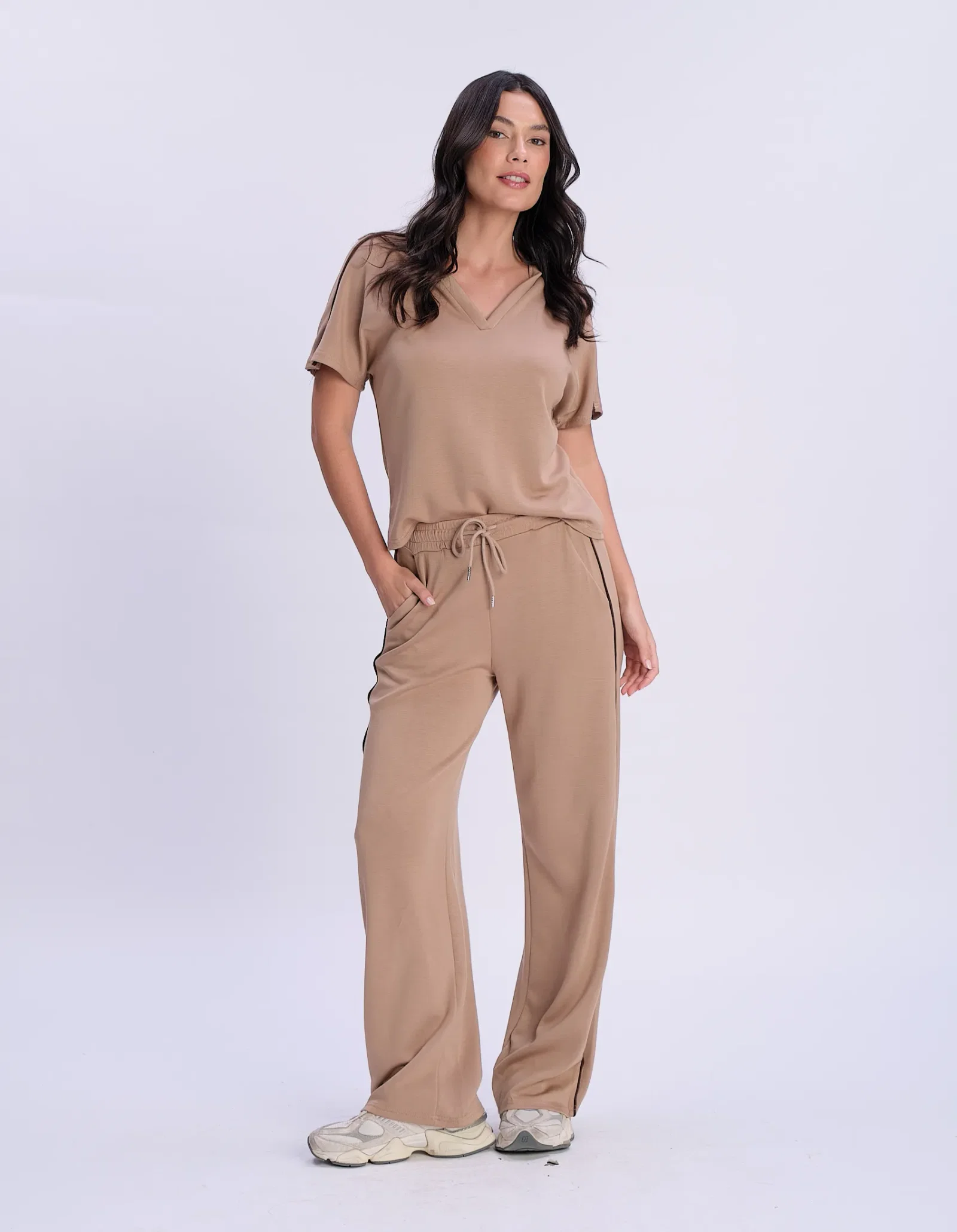 Calça Pantalona Cós Elástico - Bege