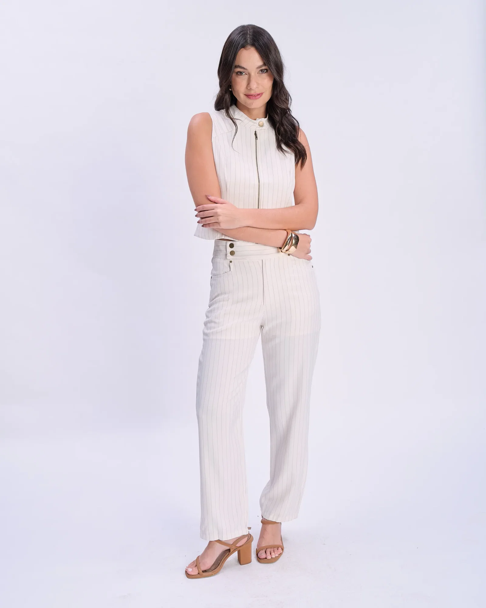 Blusa Com Zíper Listrada - Off White