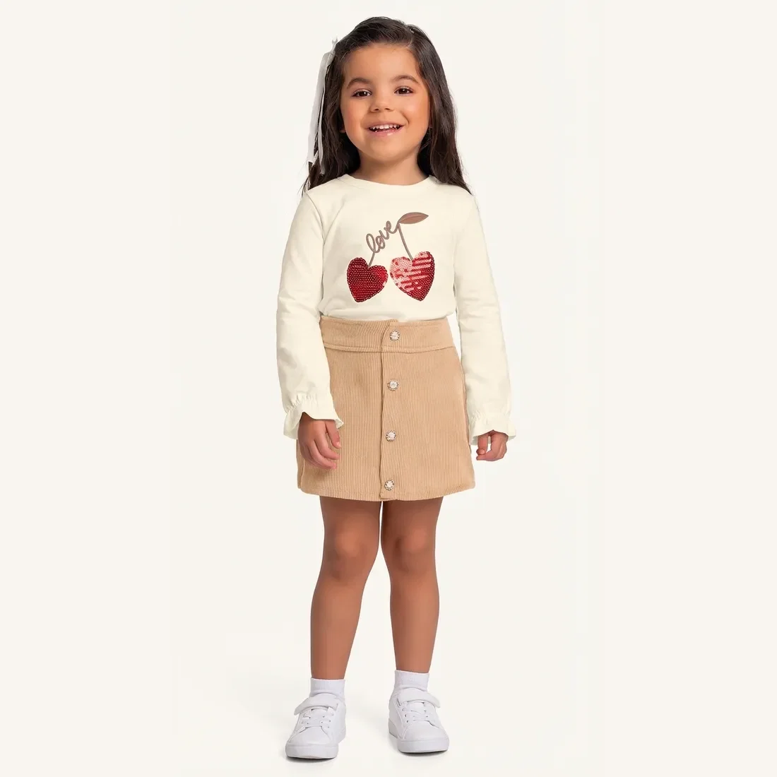 Conjunto blusa manga longa em cotton e short-saia em veludo cotelê cereja — imagem 1