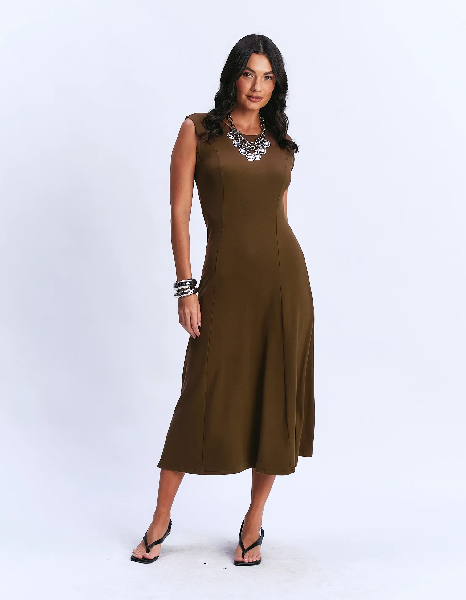 Vestido Longo Sem Mangas Recortes - Caqui — imagem 1