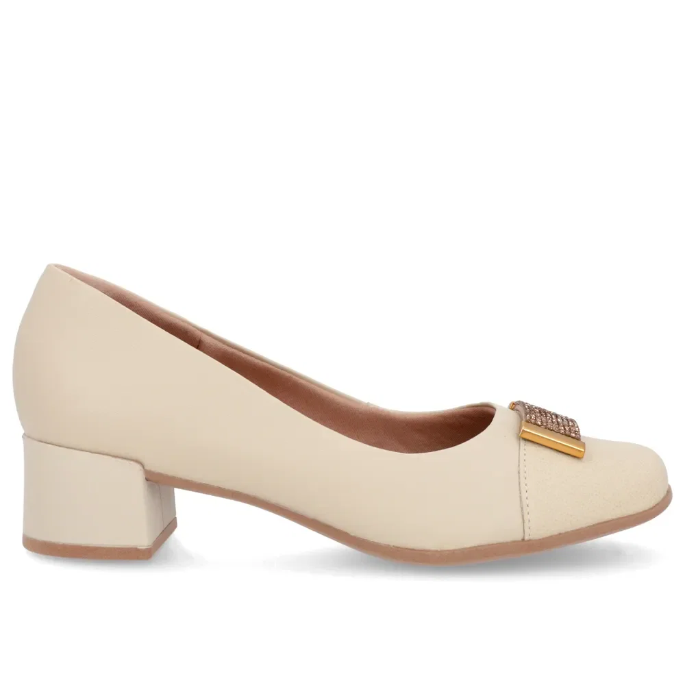 Scarpin Bege Couro Bico Quadrado Enfeite — imagem 1