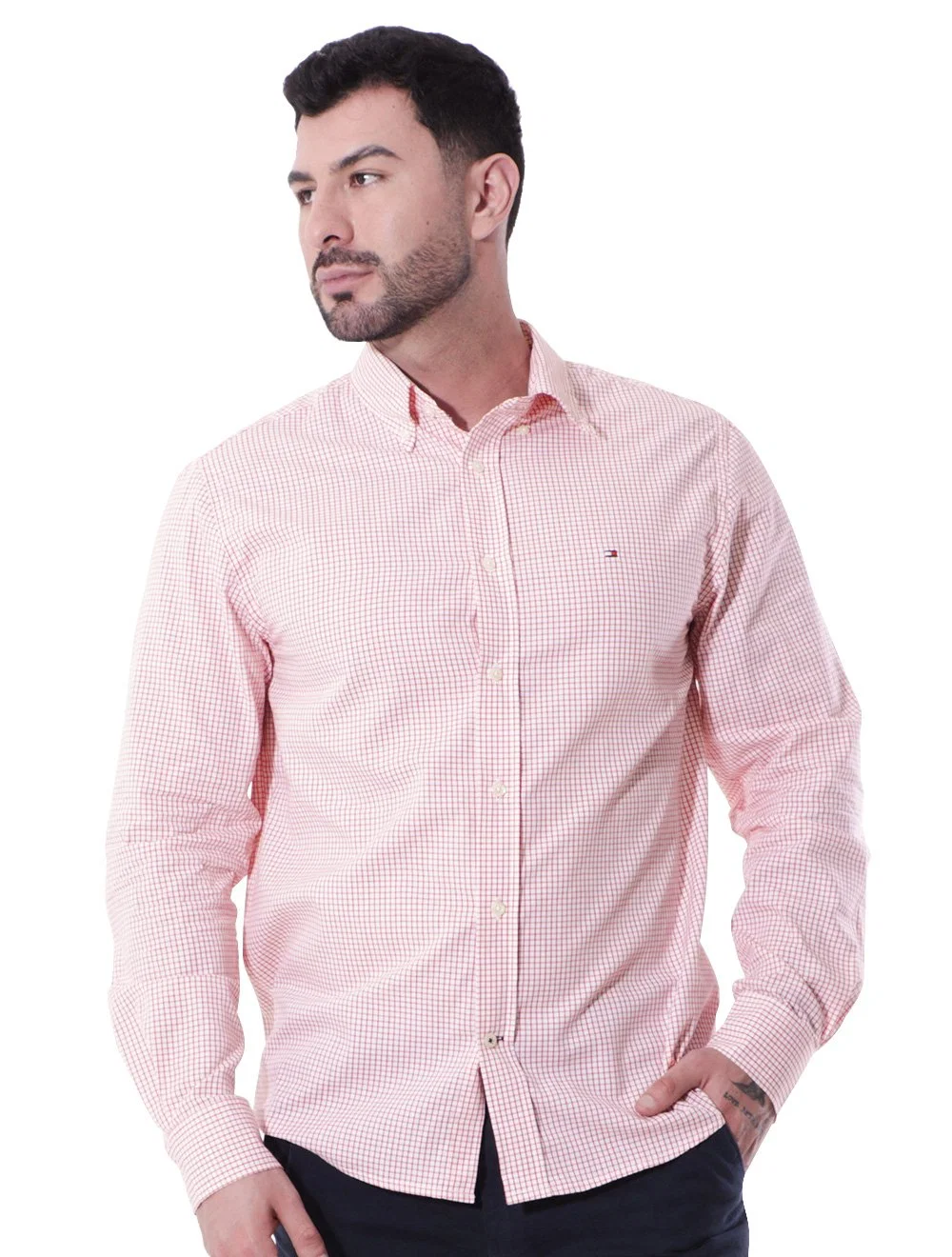 Camisa Tommy Hilfiger Masculina Xadrez Micro Grid Lines Vermelha — imagem 1