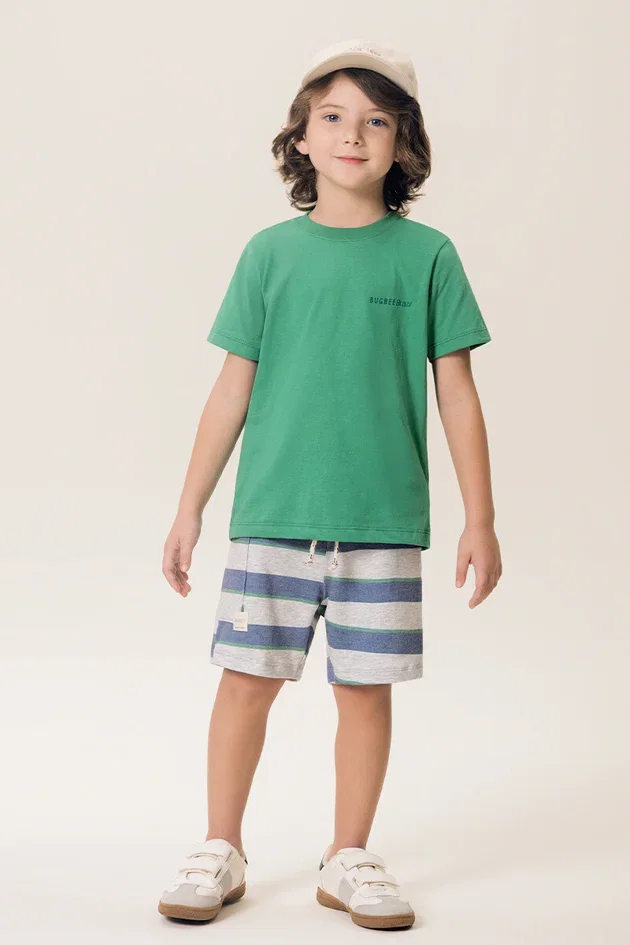 Conjunto Infantil Camiseta Regular de Malha e Bermuda em Molecotton Listrado