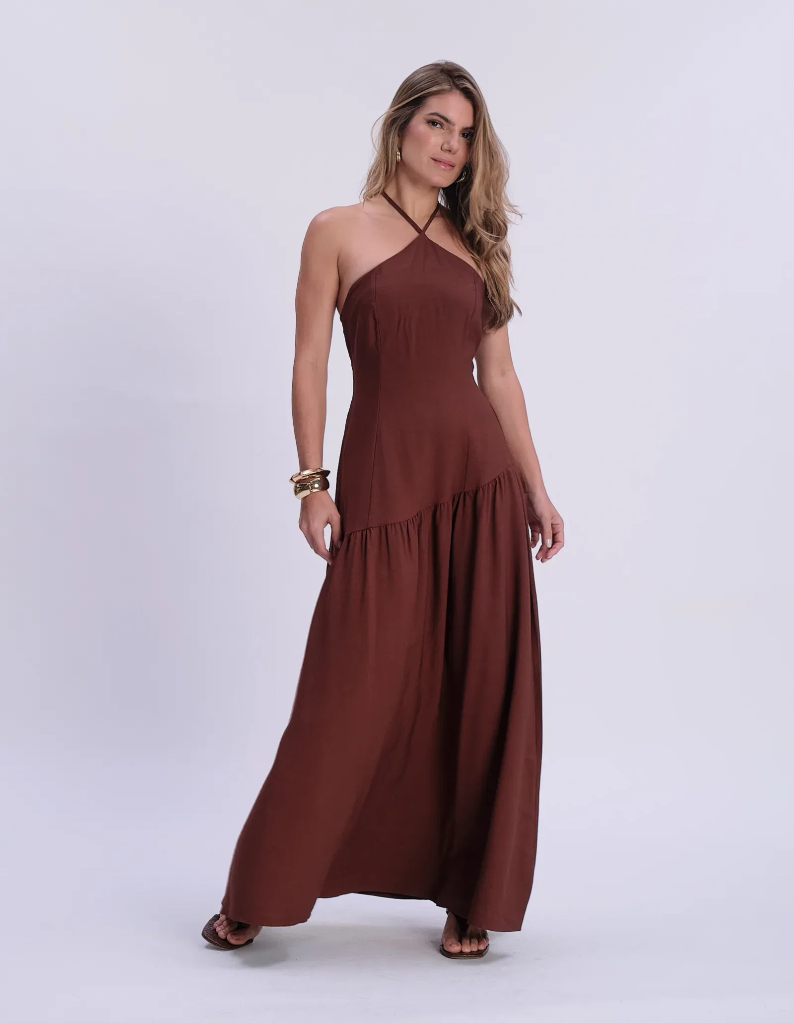 Vestido Longo Frente Única Recortes - Cafe — imagem 1