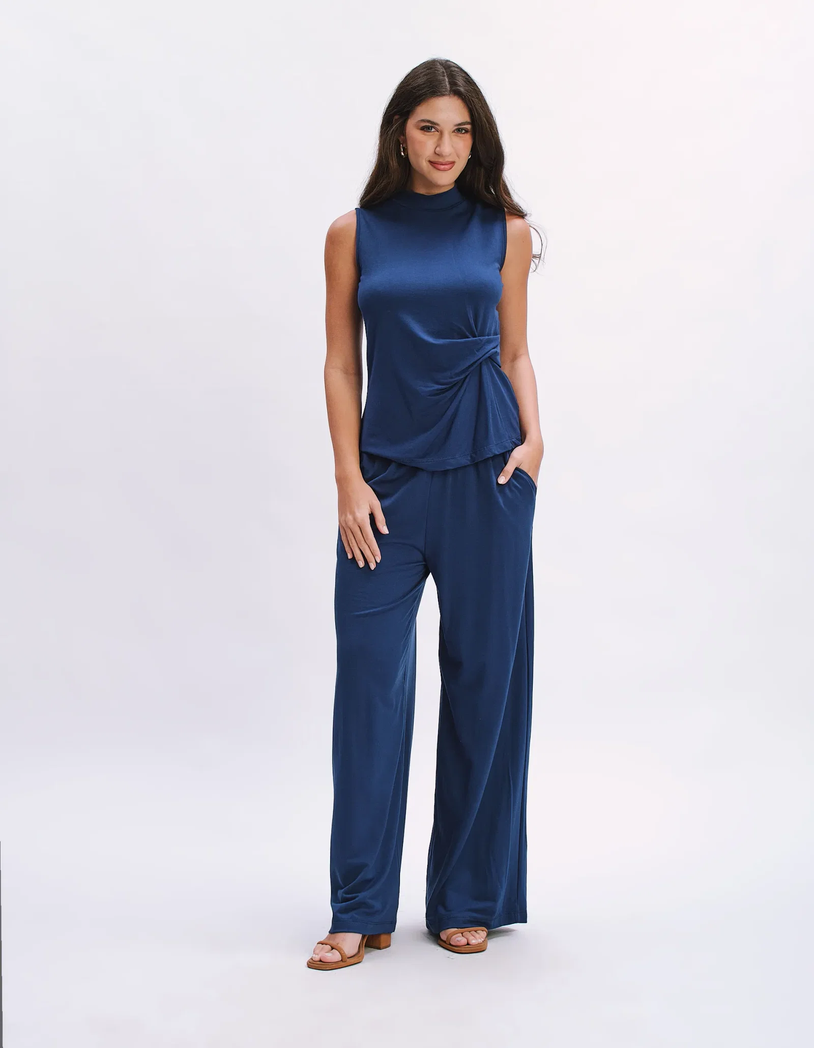 Calça Pantalona Cós Elástico - Azul Marinho — imagem 1