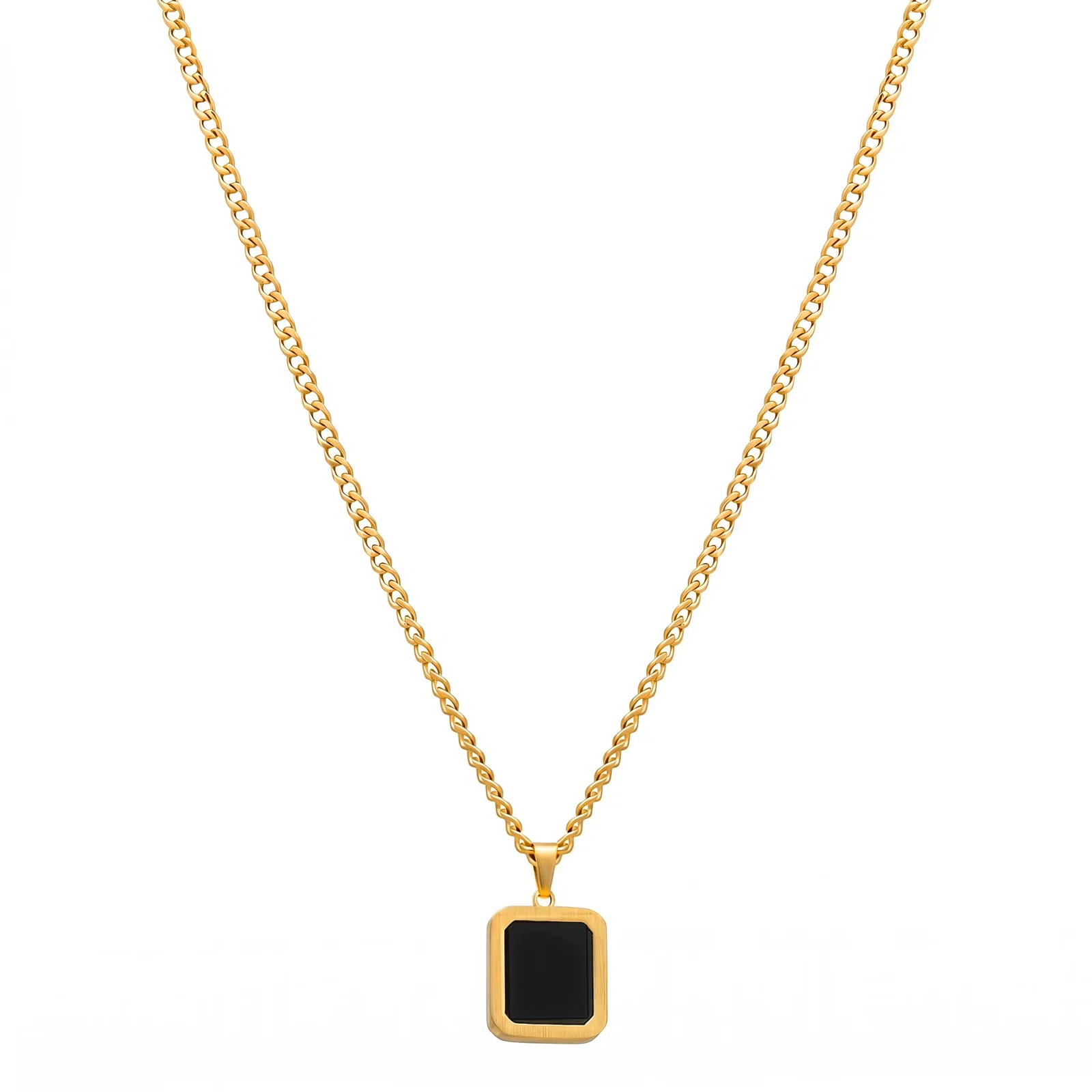 Colar Life Masculino em Aço Dourado com Ágata Preta, 60 cm