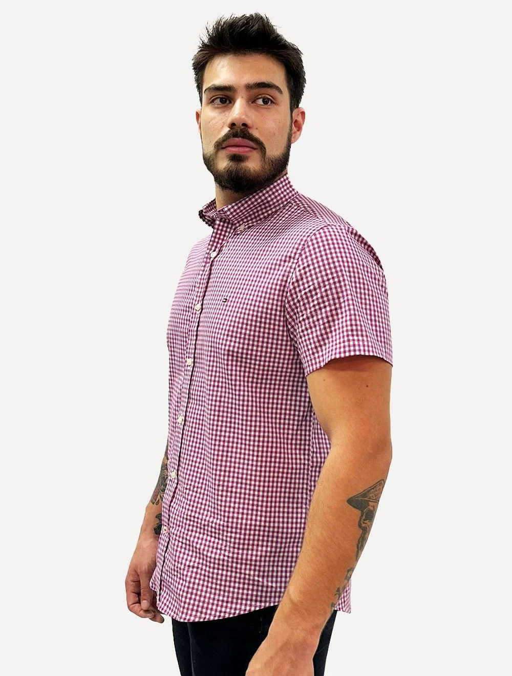 Camisa Tommy Hilfiger Masculina Manga Curta Xadrez Gingham Branca / Roxa — imagem 1