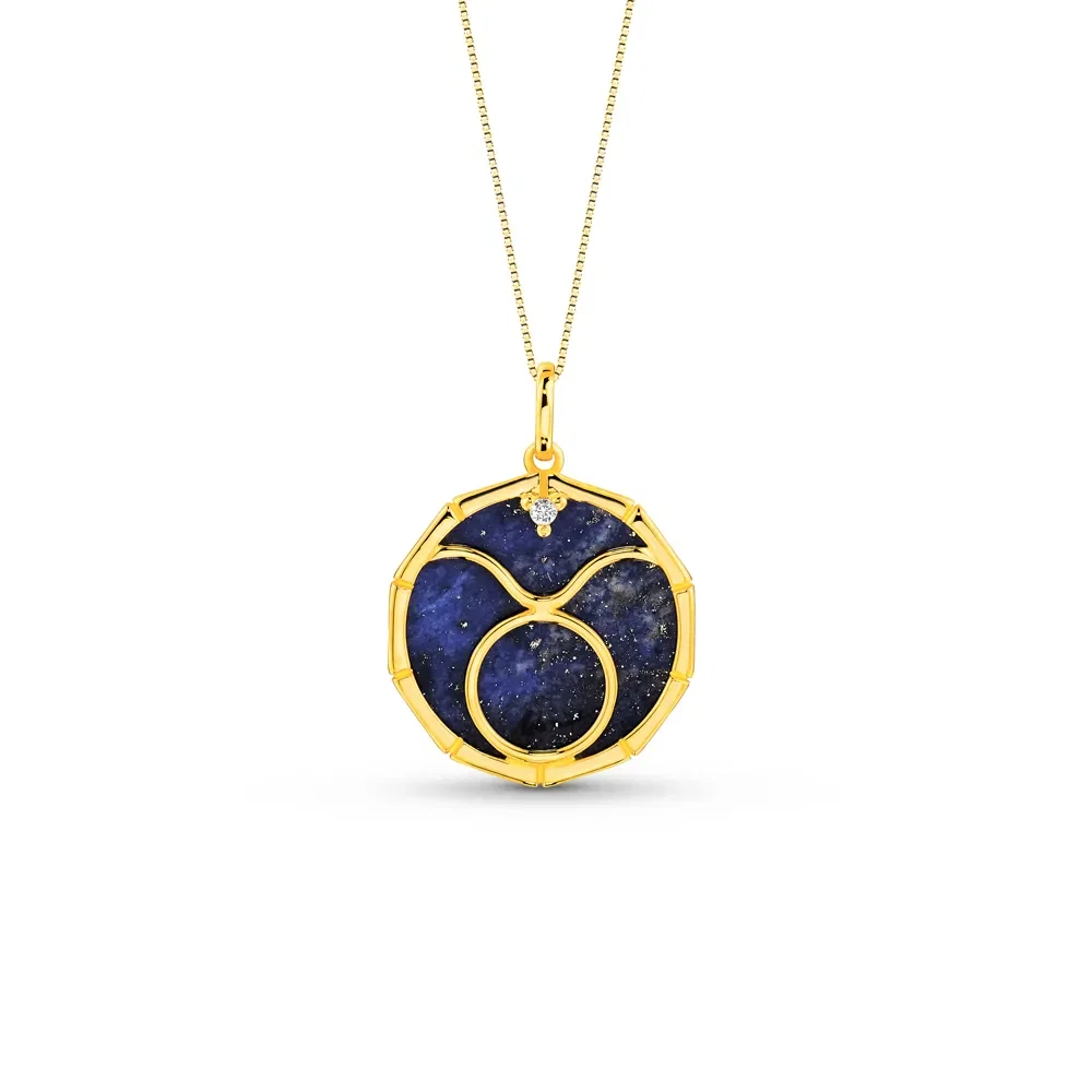 Pingente ZodíAço Touro em Ouro Amarelo 18k com Lápis Lazuli e Safira Incolor, 17mm — imagem 1