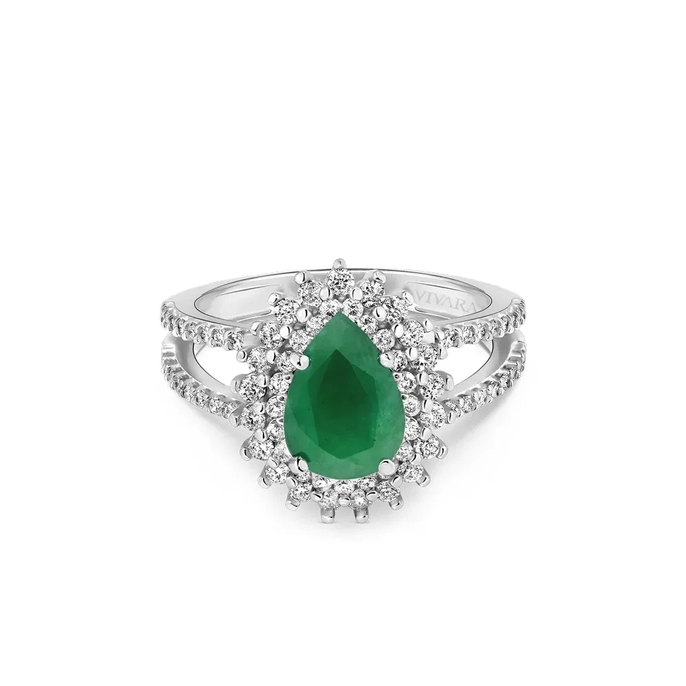 Anel Clássico em Ouro Branco 18k com Esmeralda e Diamantes