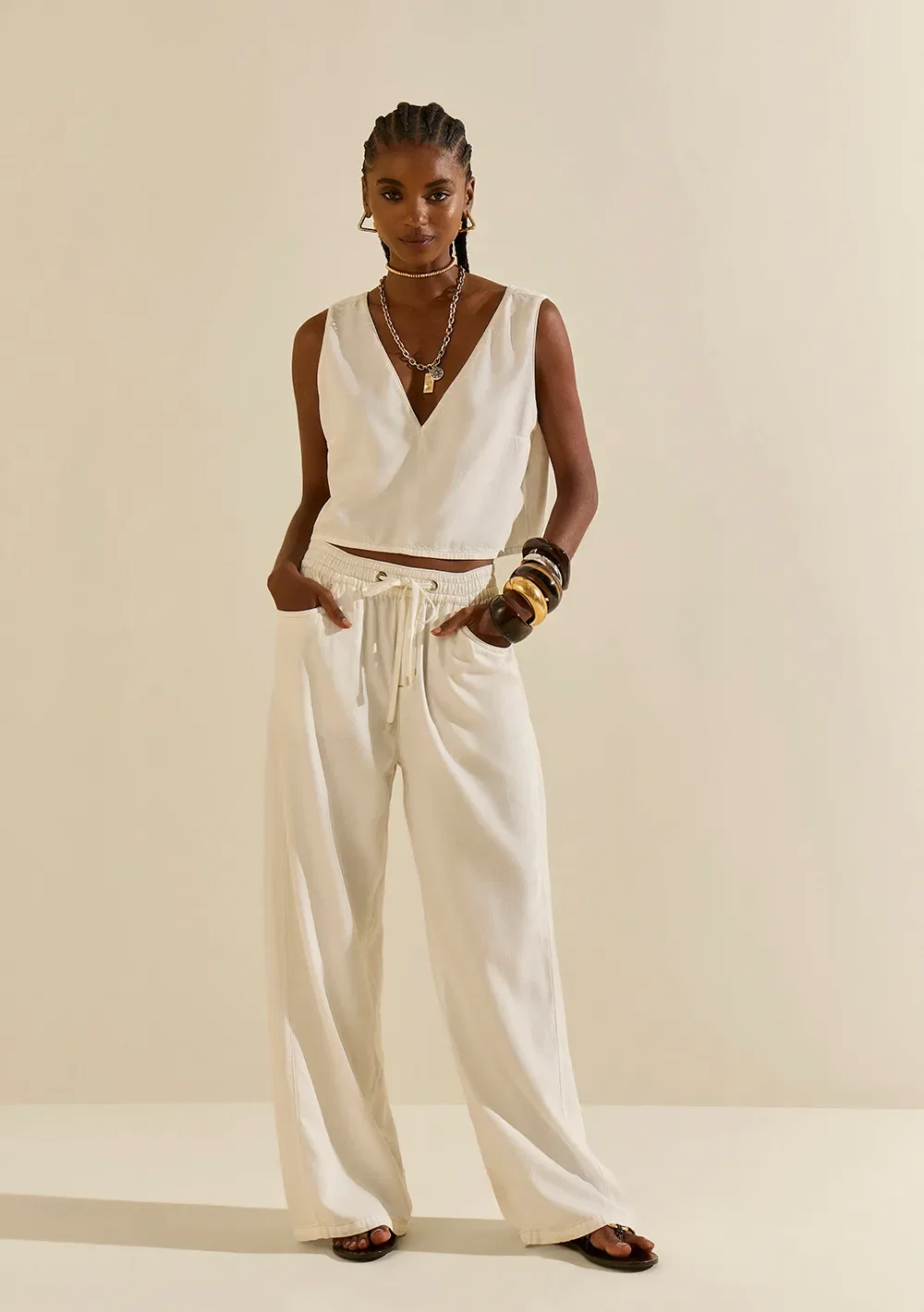 Calça Morena Rosa Pantalona Alta Off White — imagem 1