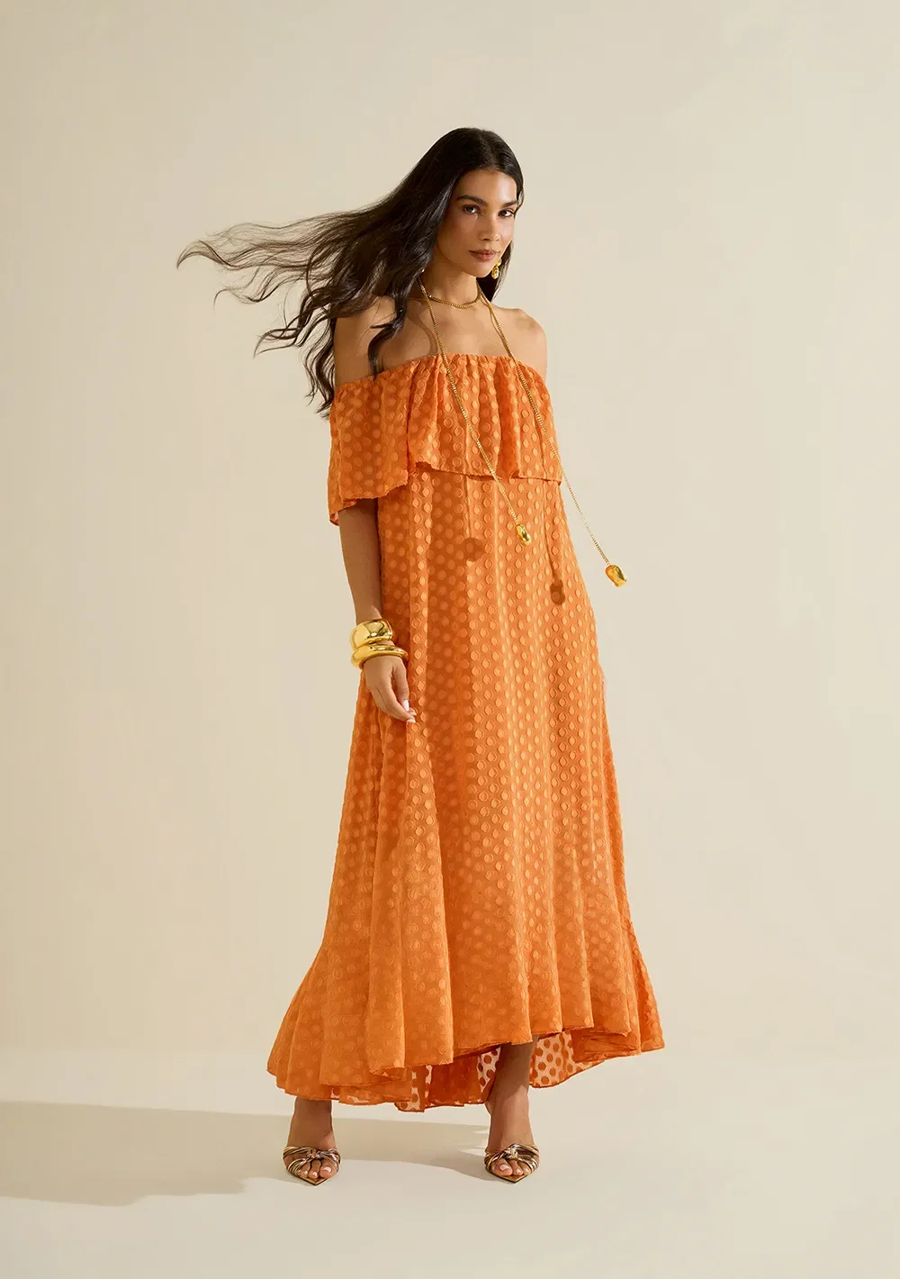 Vestido Morena Rosa Solto Ombro A Ombro Manga Curta Longo Laranja