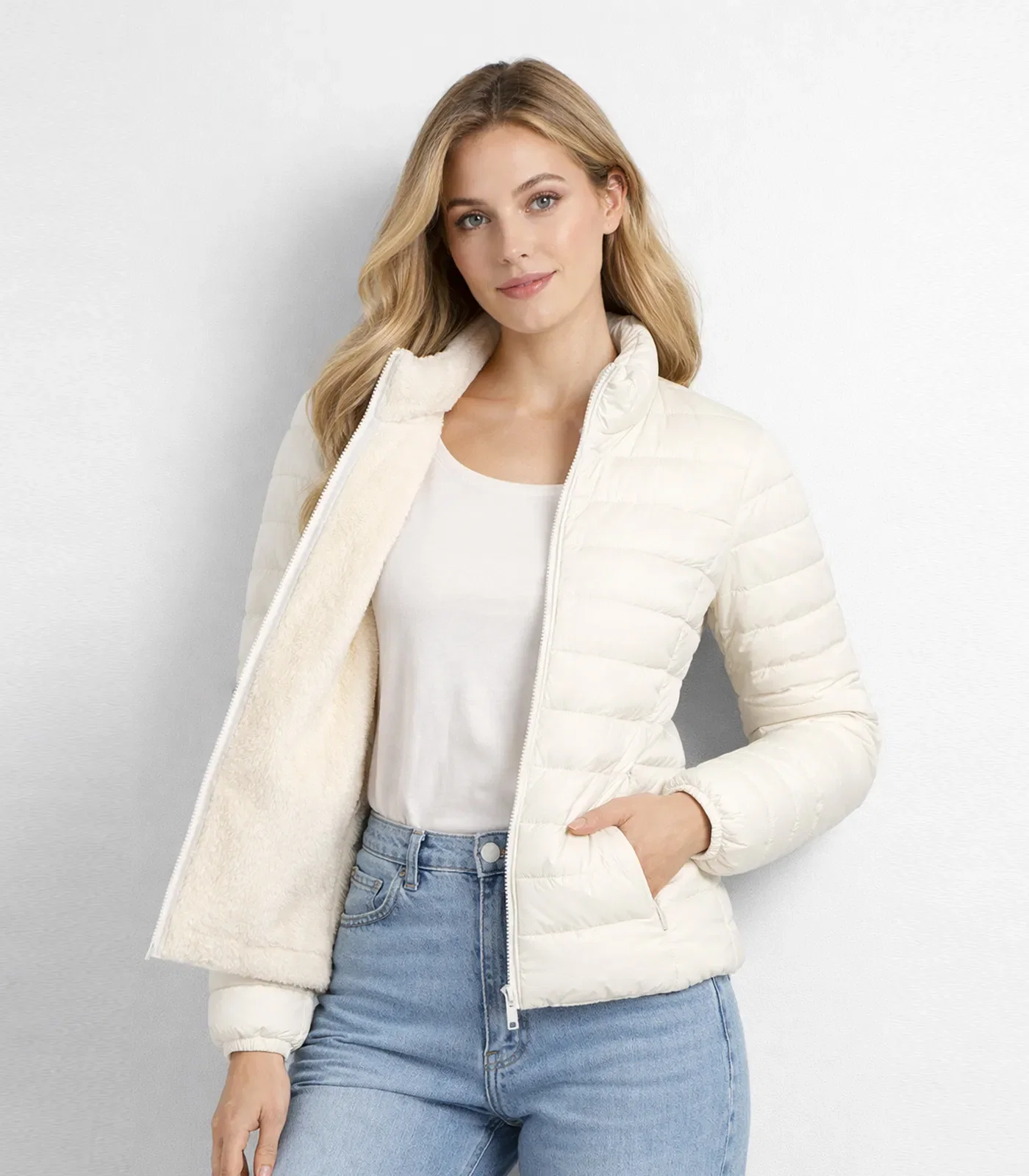 Jaqueta Puffer Feminina Peluciada Sea Surf Bege — imagem 1