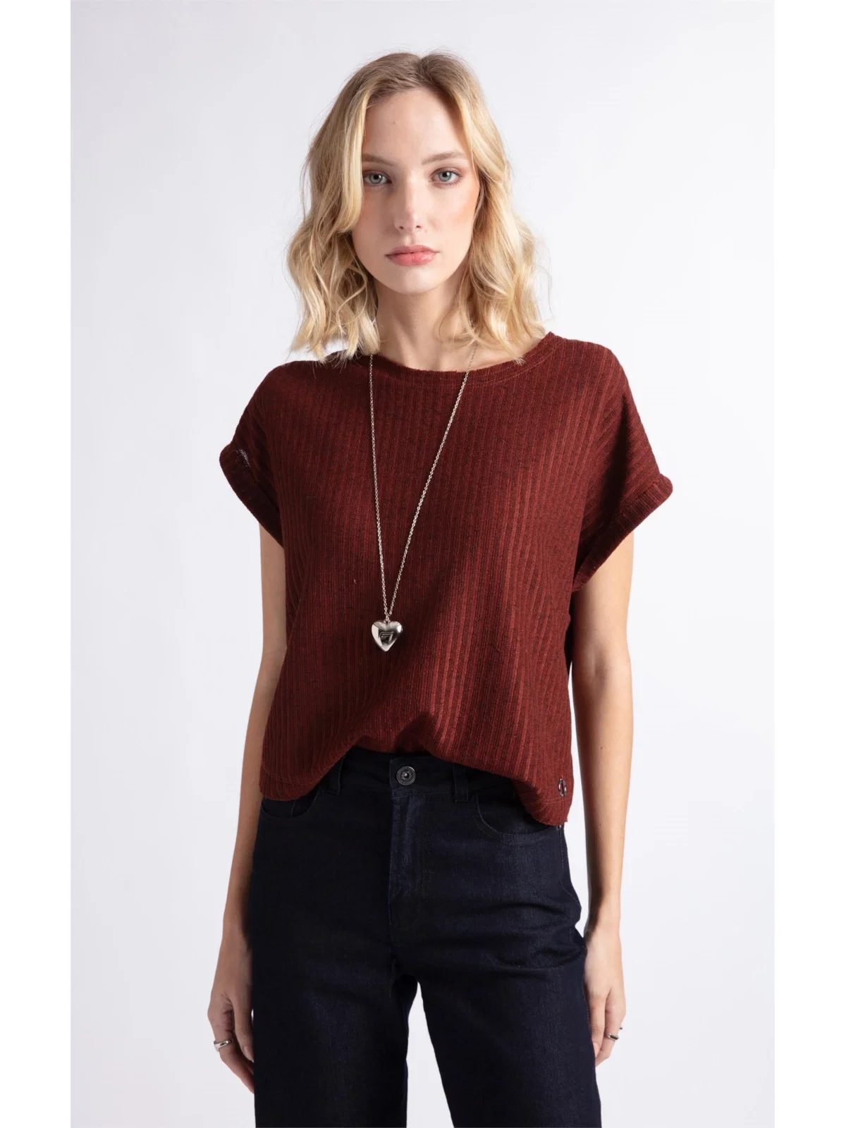 Tricot Lino Folded Sleeves Tee Bordeaux