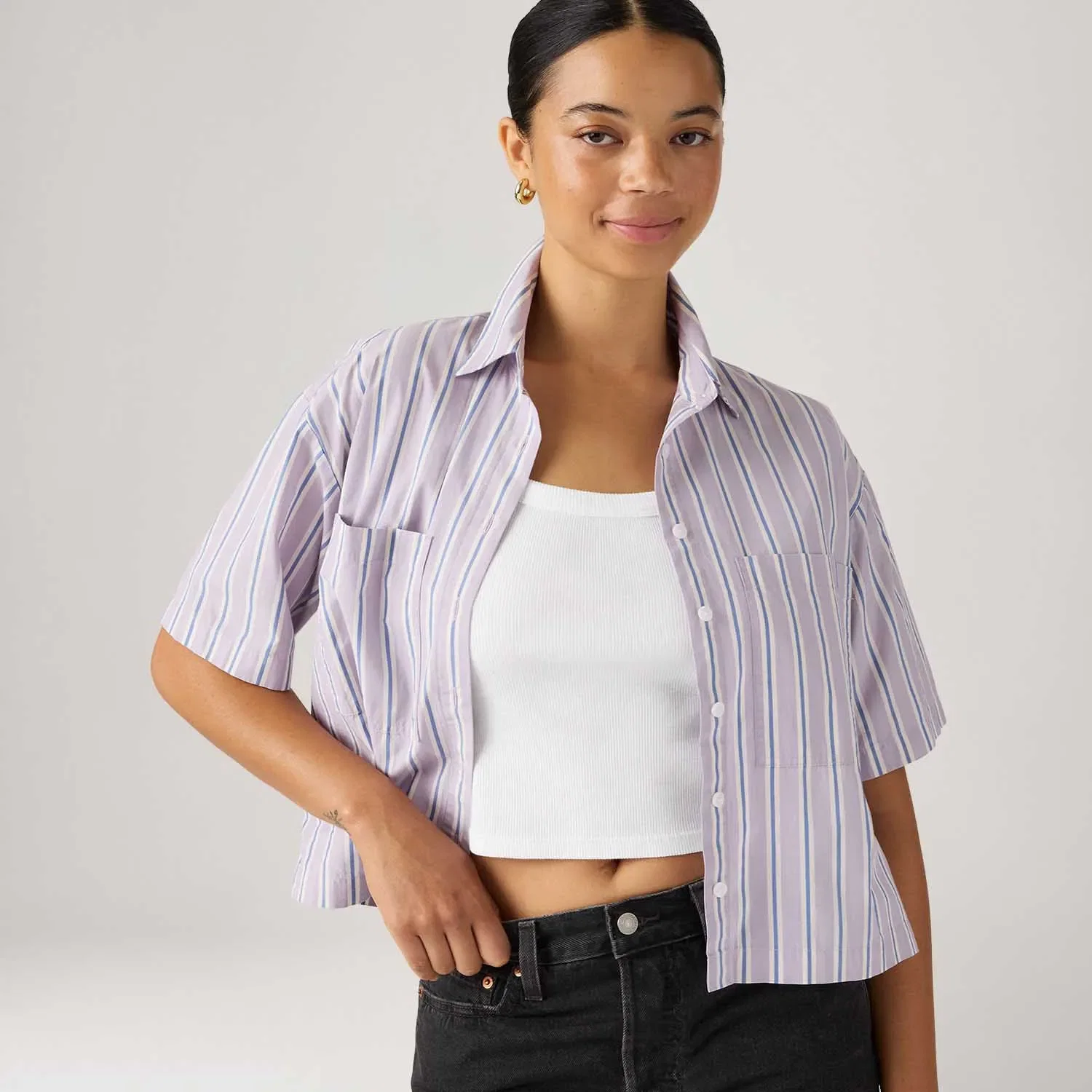 Camisa Levi's® Harlie Cropped Listrada Lilás Manga Curta — imagem 1