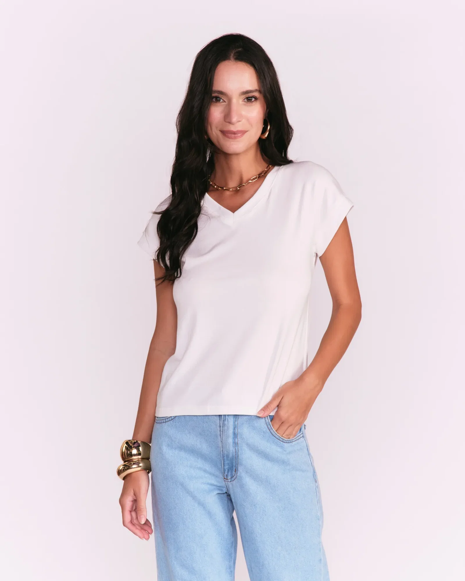 Blusa Básica Decote v Manga Curta - Branco