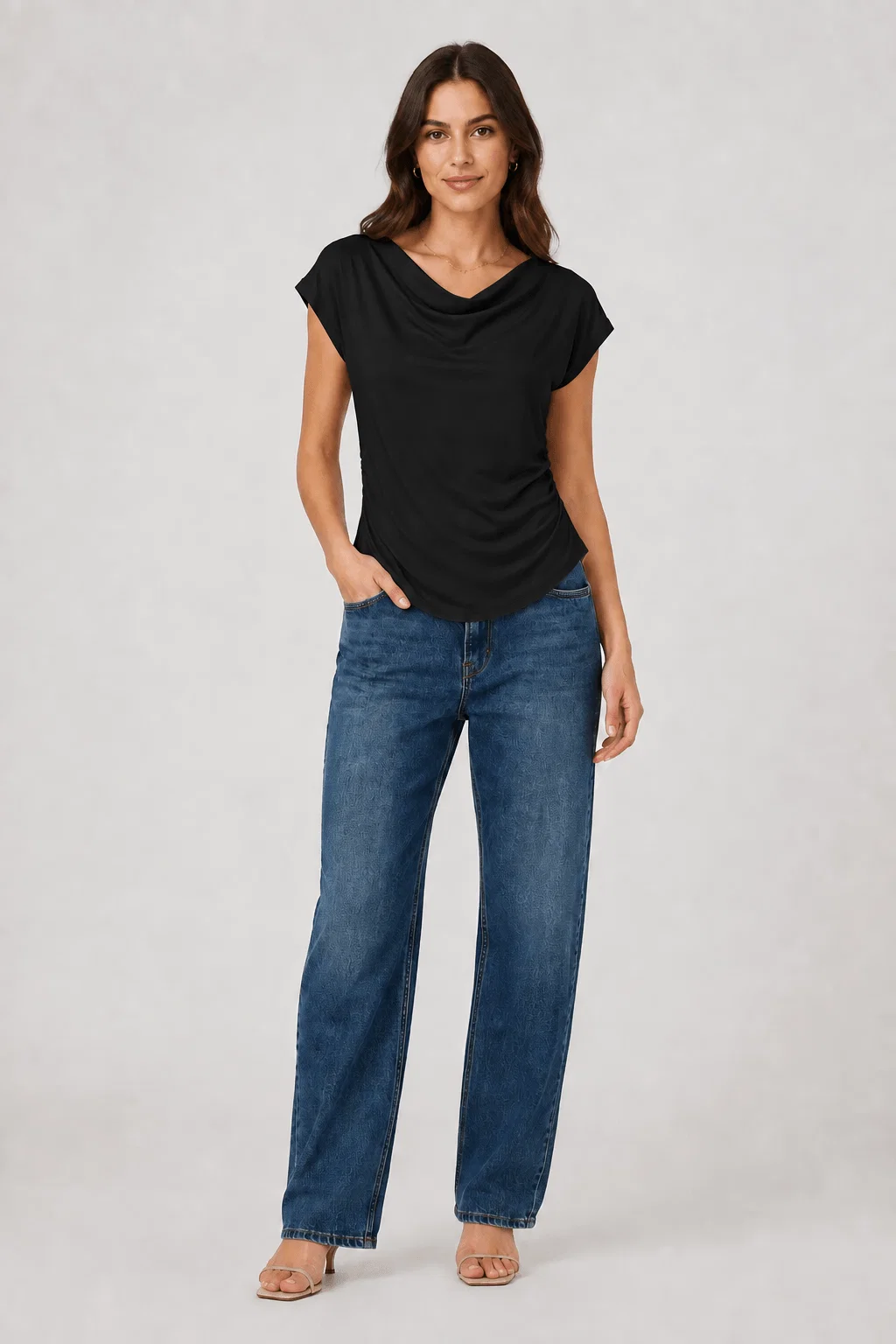 Blusa Manga Curta Decote Drapeado - Preto