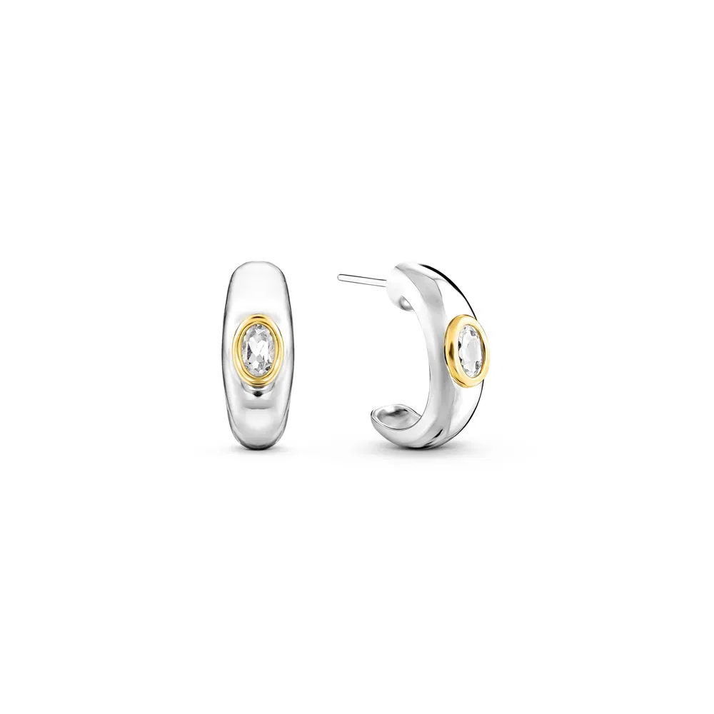Argola Bombe em Prata 925 e Ouro Amarelo 18k com Topázio Incolor, 15mm — imagem 1
