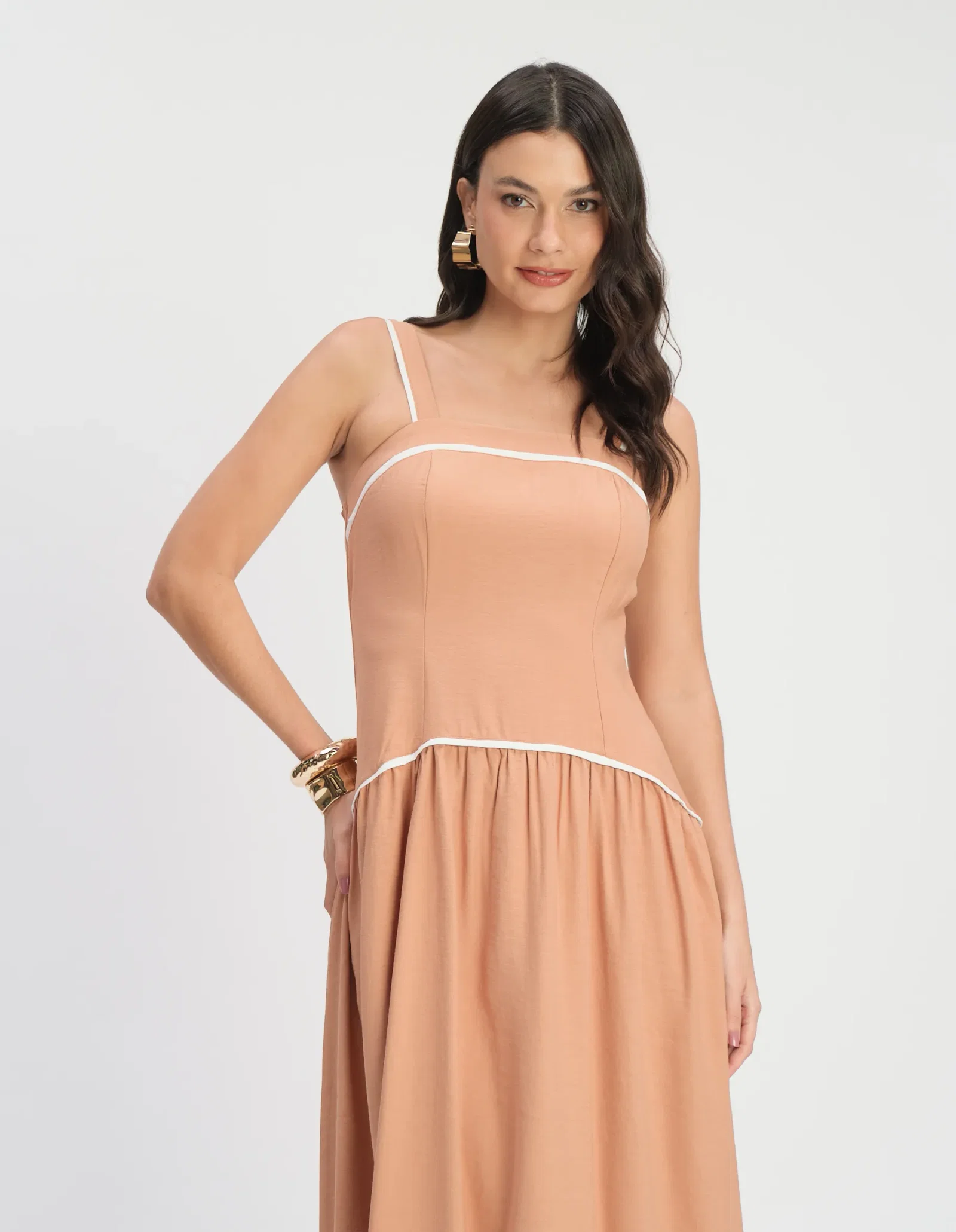 Vestido Longo Cintura Deslocada Vivos - Marrom — imagem 1