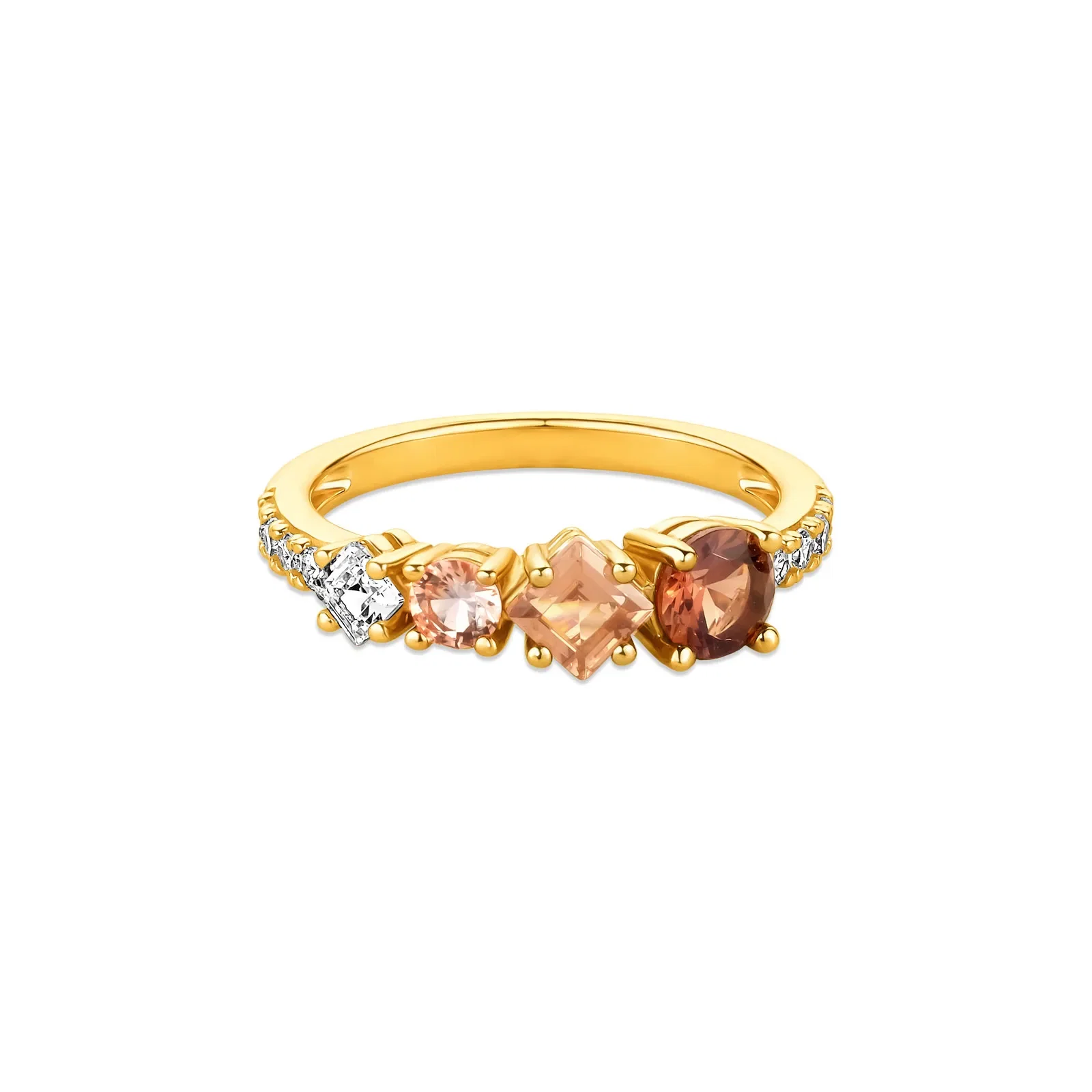 Anel Life Mocha em Prata 925 com Banho de Ouro Amarelo 18k, Pedras Marrons e Incolores