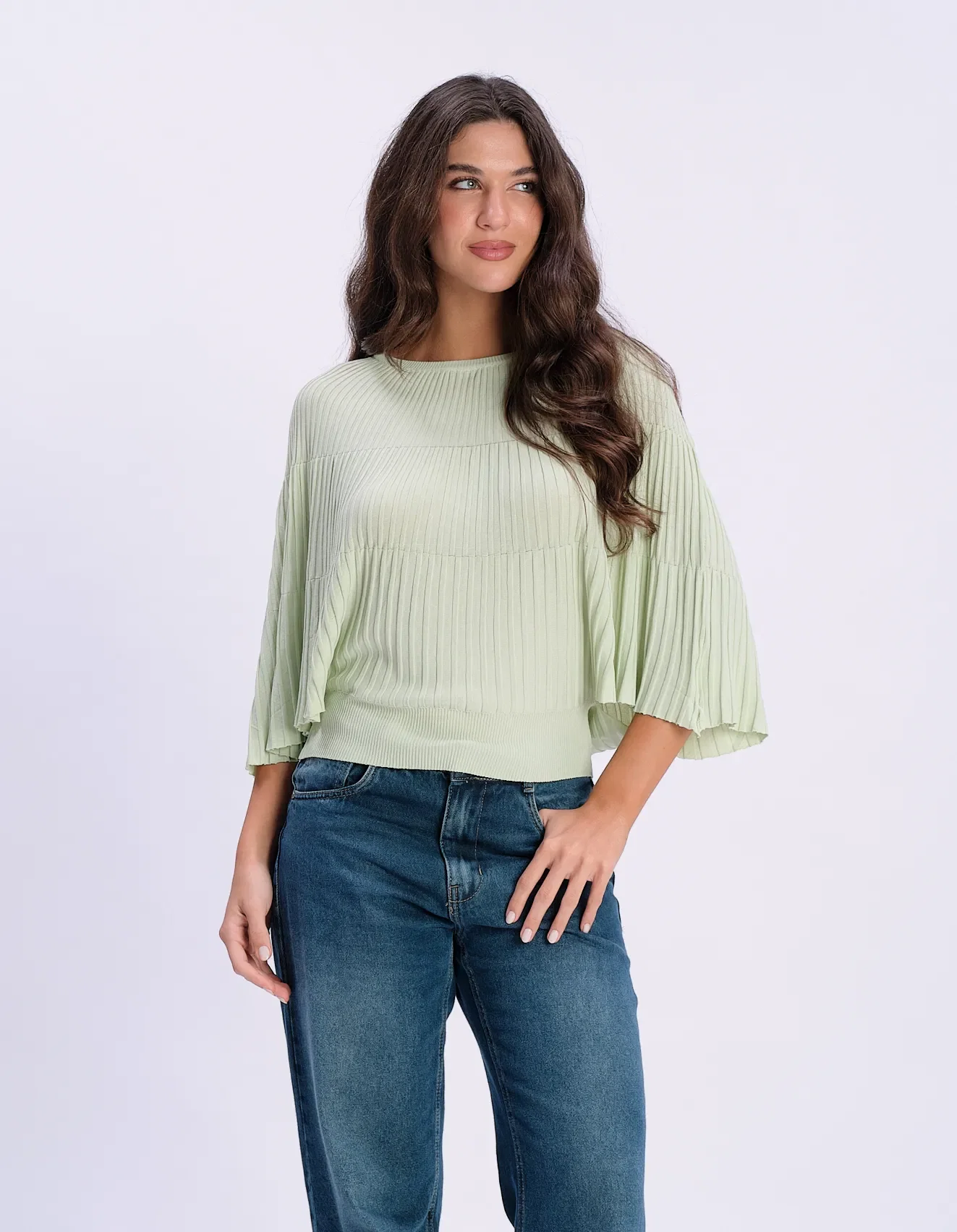 Blusa Tricô Plissada Manga Ampla - Verde — imagem 1