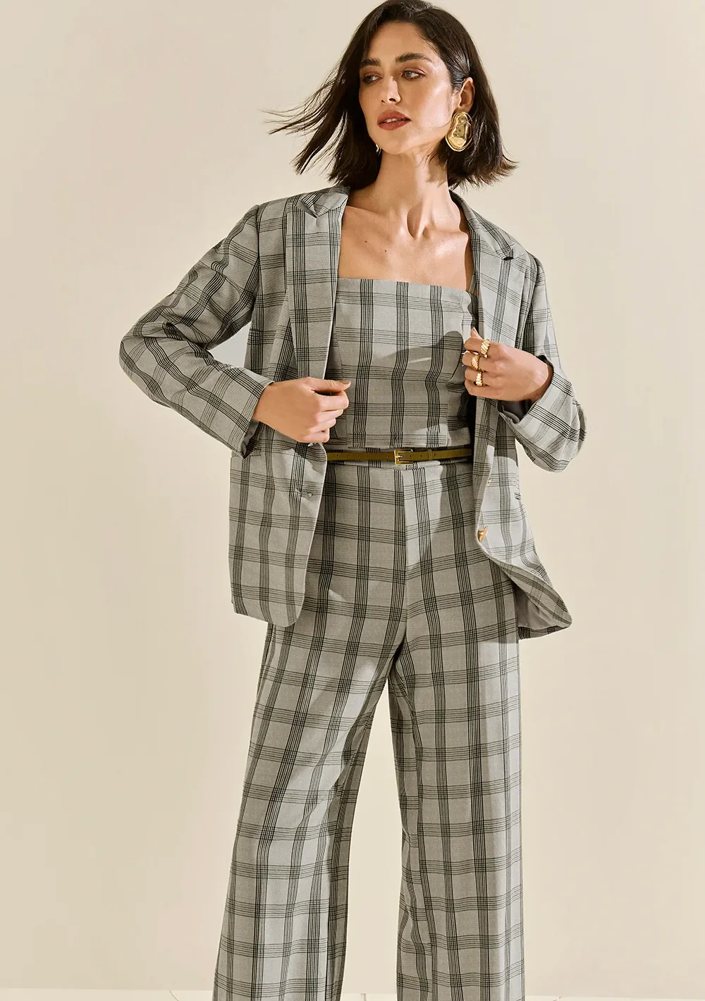 Blazer Morena Rosa Solto Manga Longa Padrão Cinza