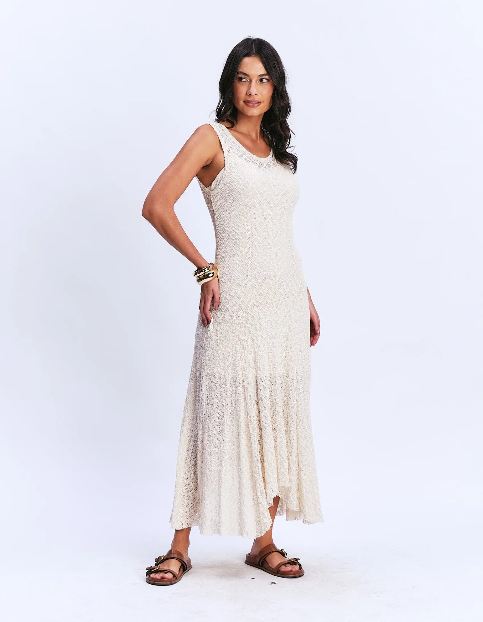 Vestido Sem Manga Rendado - Areia